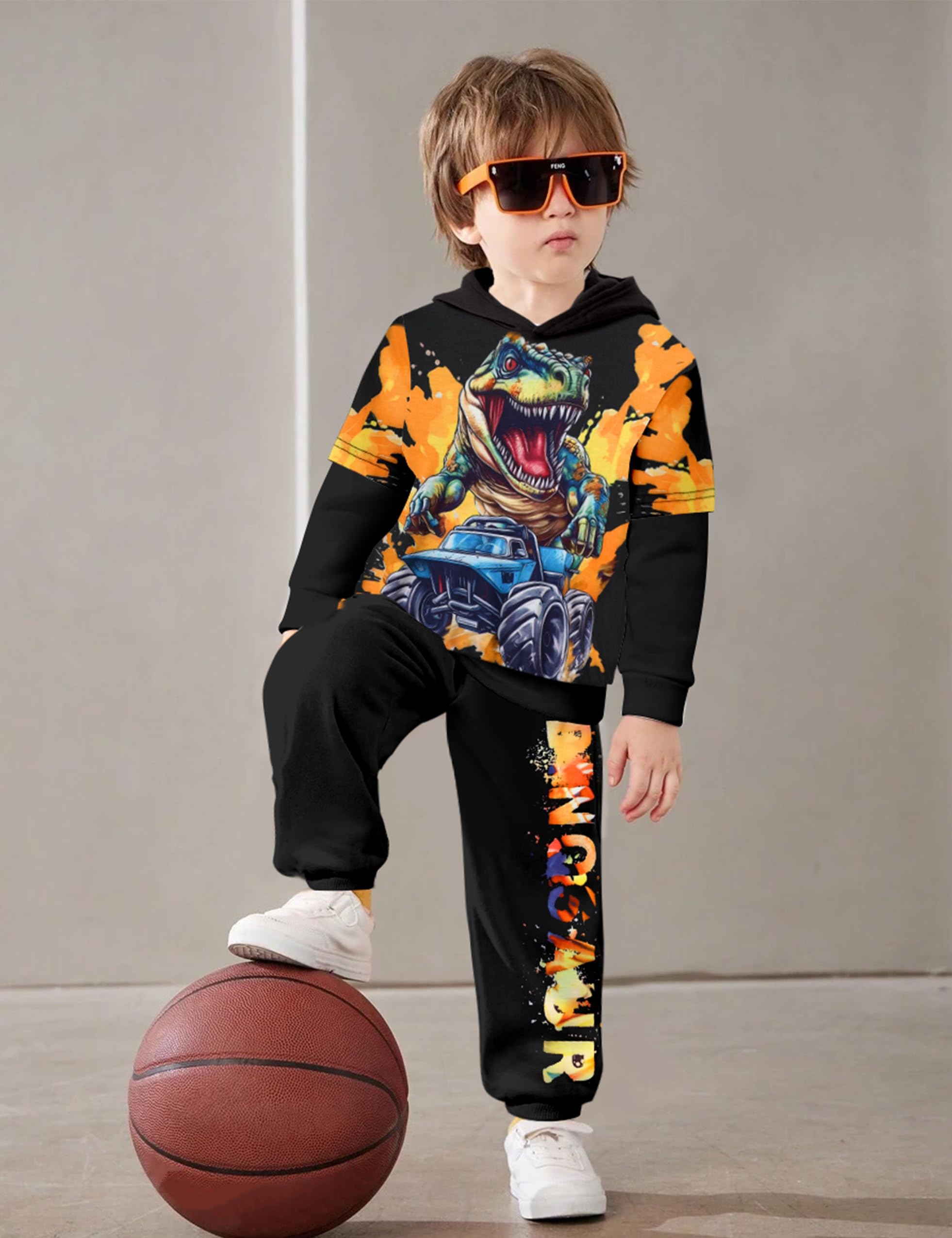 Dinosaur Printed Toddler Boys Clothes Set 3-7 Years - Long Sleeve Hoodie & Pants Outfit for Playtime, School & Outdoor Activities