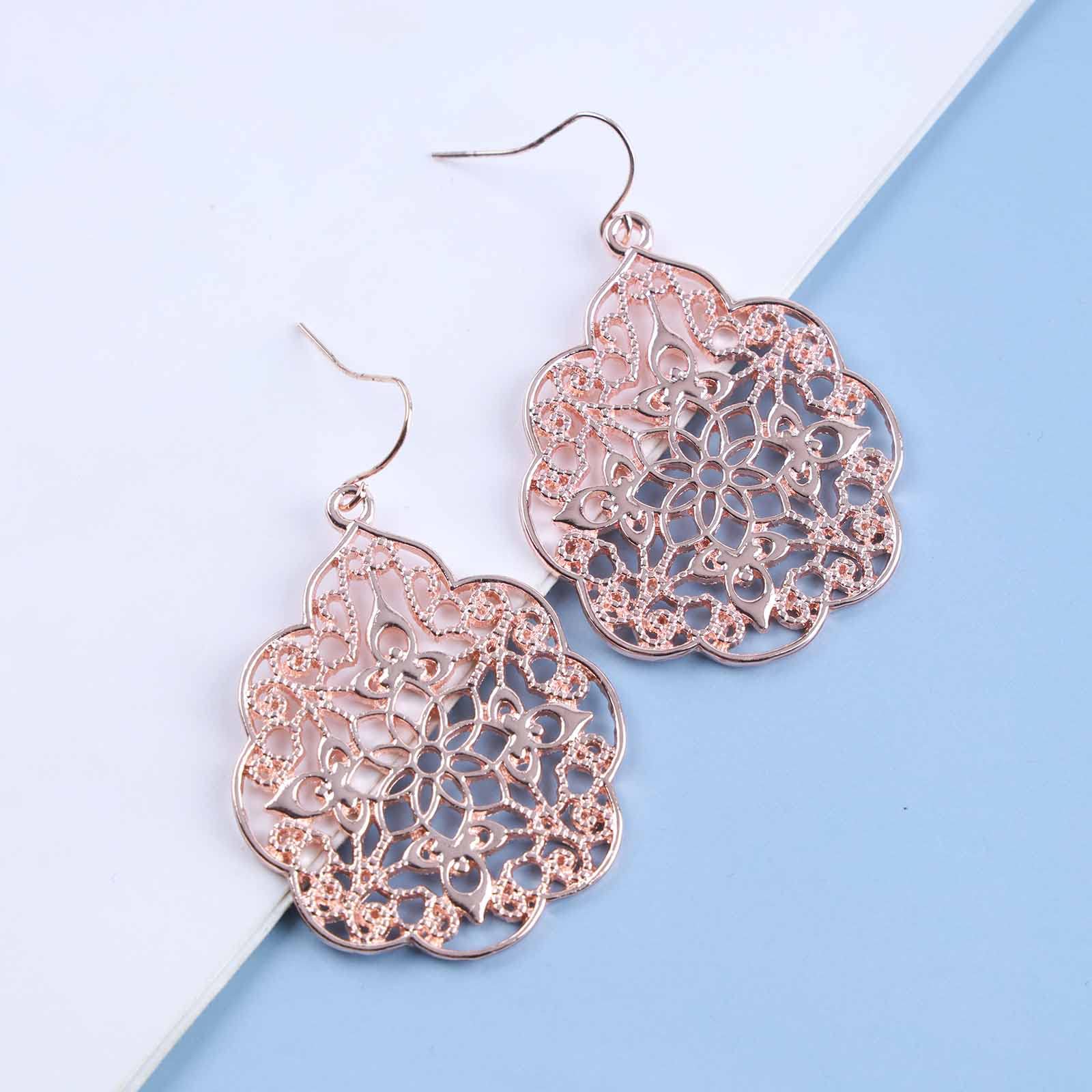 Boho Large Filigree Hoop Drop Dangle Earrings - Vintage Tribal Hollow Carved Rose Gold Gypsy Geometric Floral Statement Jewelry for Women | Wedding, Prom, Party, Festival & Everyday Wear