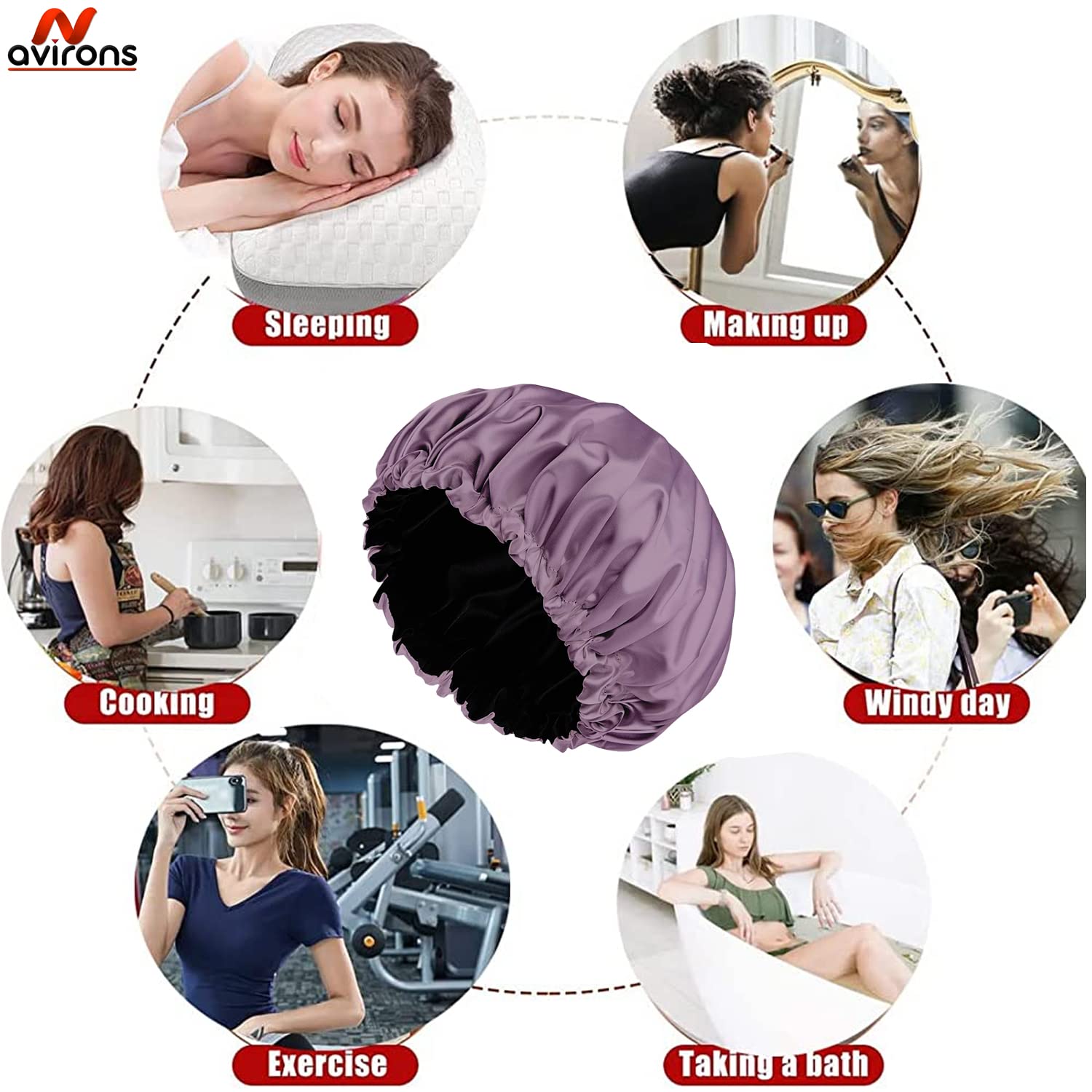 Avirons Satin Silk Hair Bonnet for Sleeping - Adjustable Pure Satin Hair Cap with 3 Scrunchies for Women & Girls | Curly Hair Protection | Soft Satin Hair Wrap for Nighttime & Travel (Multicolor)