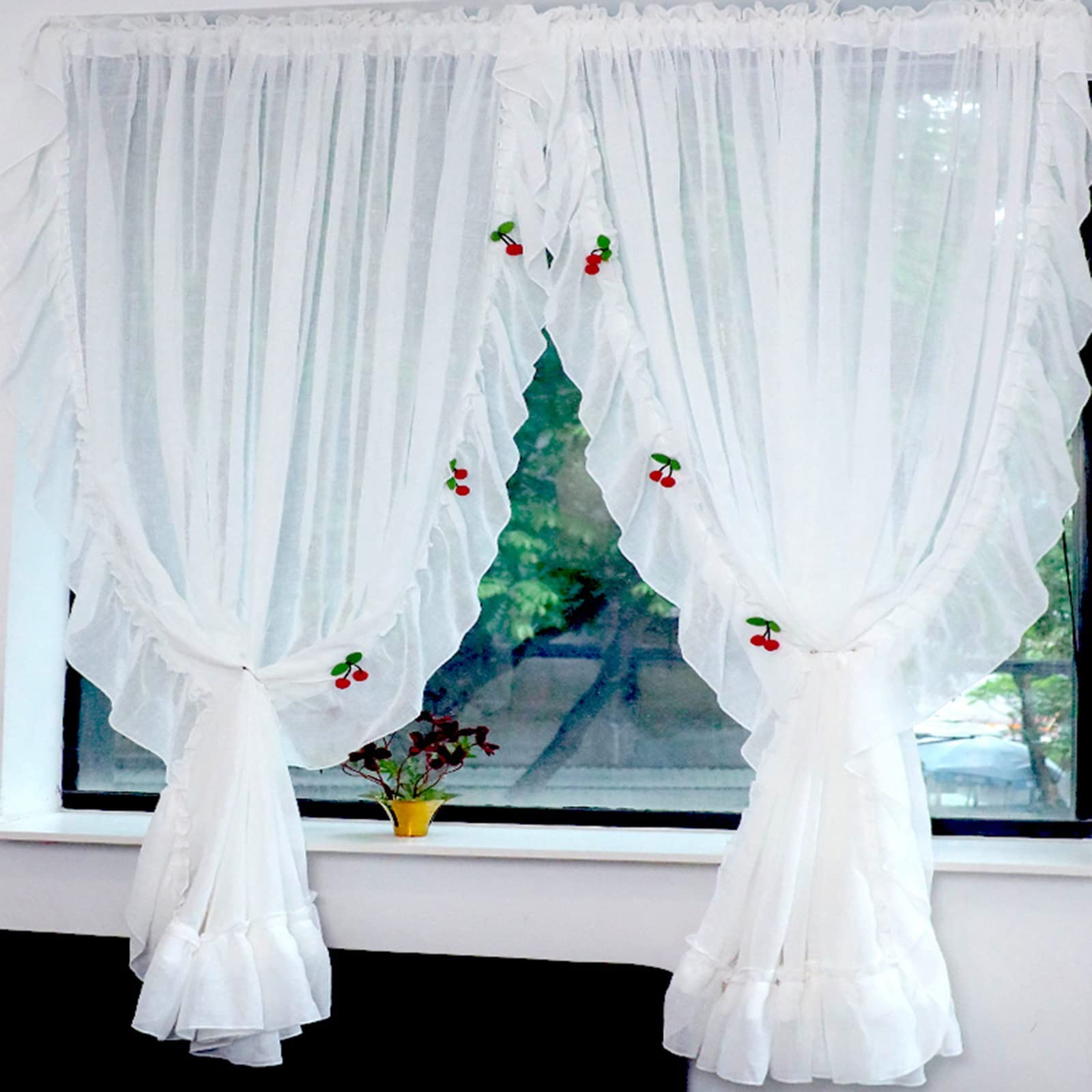 V3VOGUE 1 Panel Sheer Window Curtain - Vintage Ruffle Voile Drapes for Living Room, Bedroom & Kitchen - White/Yellow Semi-Sheer Curtains for Light Filtering & Romantic Decor - Perfect for Home, Apartment & Office Use