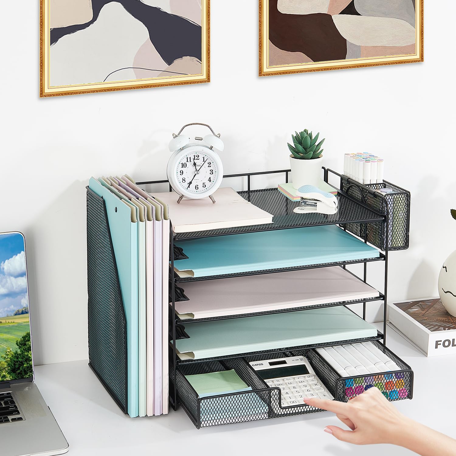 Youbetia 5-Tier Mesh Paper Tray Organizer with File Holder & Pen Storage - Black Desk Organizer for Office Supplies, Workspace Accessories | Perfect for Home Office, School Desk & Workplace Organization