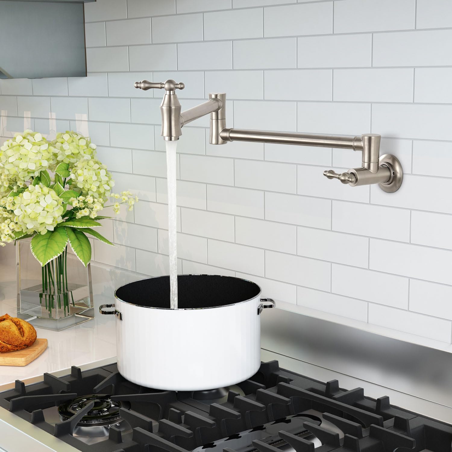 MONDAWE Brushed Nickel Pot Filler Faucet - Wall Mounted Brass Stove Faucet with 1.8 GPM Flow Rate & Double Joint Swing Arms - Lead-Free Retro Kitchen Faucet for Pasta & Cooking - Perfect for Over Stove Installation in Modern & Farmhouse Kitchens