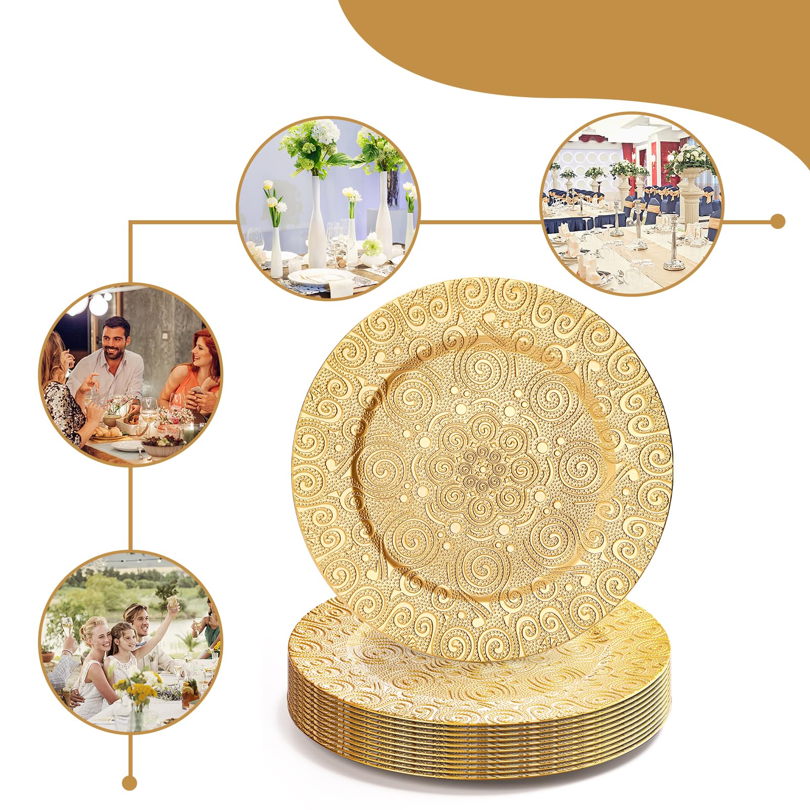 SOUJOY 12 Pack Gold Charger Plates - 13 Inch Elegant Plastic Dinner Plates with Phoenix Design, Reusable Round Serving Plates for Wedding Decor, Party Tableware, Anniversary & Thanksgiving Dinner Settings - Perfect for Formal Events, Holiday Gatherings & Special Occasions