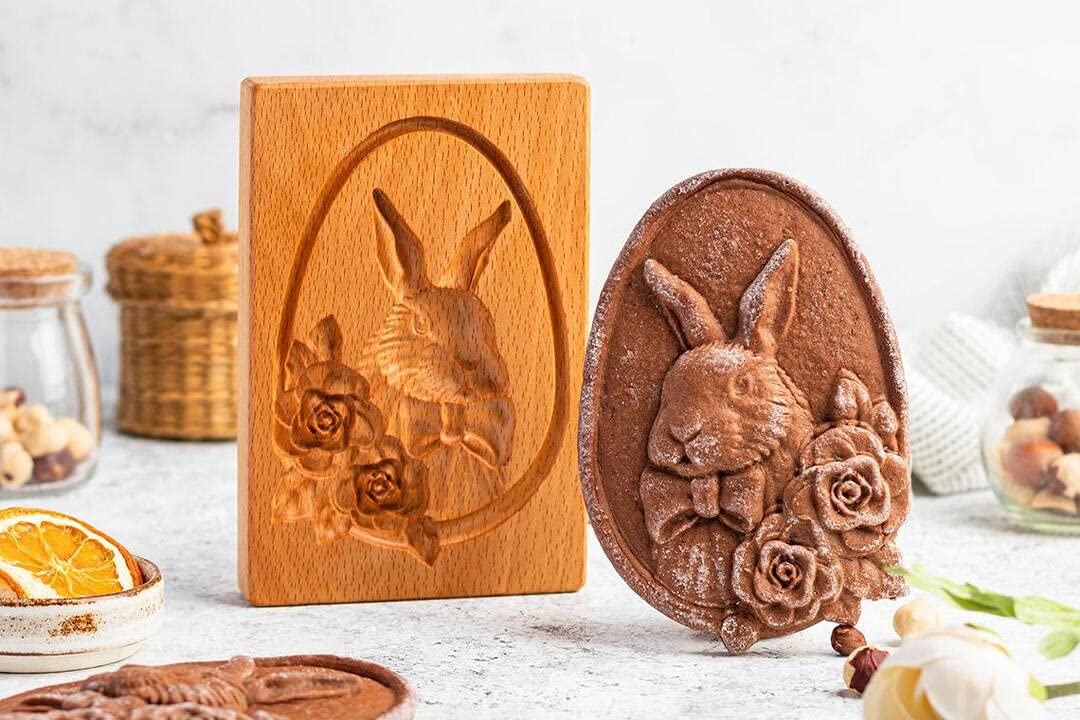 3D Wooden Rose Cookie Stamp & Cutter Set - Baking Mold for Gingerbread, Honeycake, Prianik & Cookies (Bunny Design) - Perfect for Holiday Baking, DIY Desserts & Gift Making
