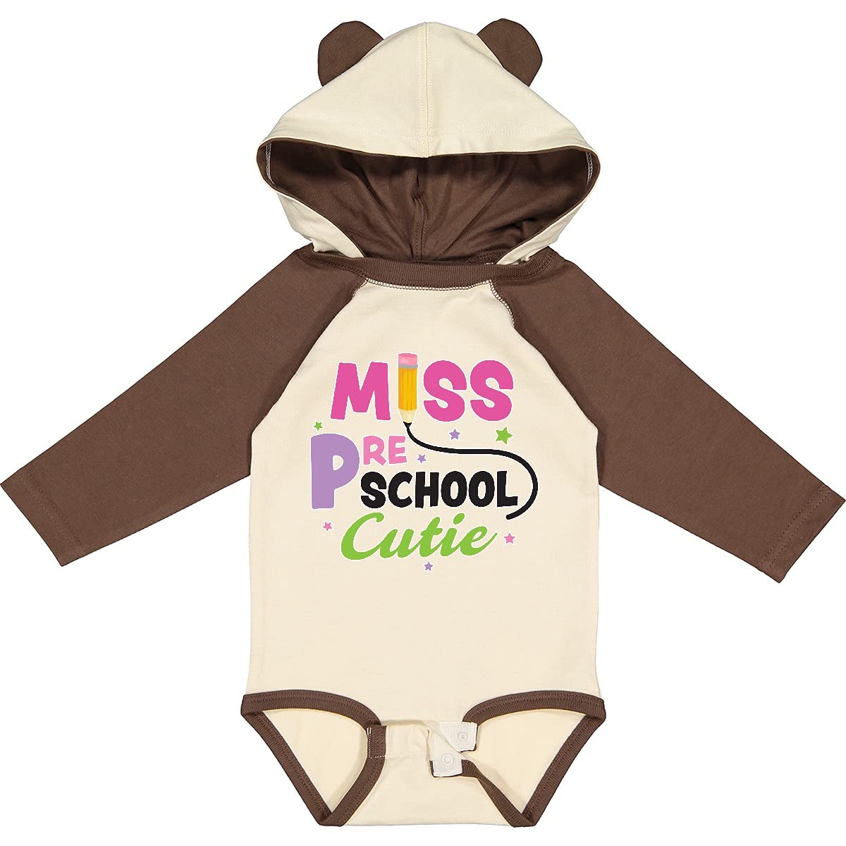 Inktastic Miss Preschool Cutie with Pencil and Stars Long Sleeve Baby Bodysuit - Adorable Toddler Outfit for Daycare, Preschool & Playtime