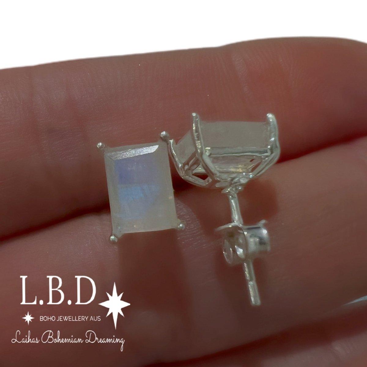 Laihas Genuine Emerald Cut Moonstone Stud Earrings for Women - Hypoallergenic Sterling Silver Jewelry - Perfect for Weddings, Parties & Everyday Wear