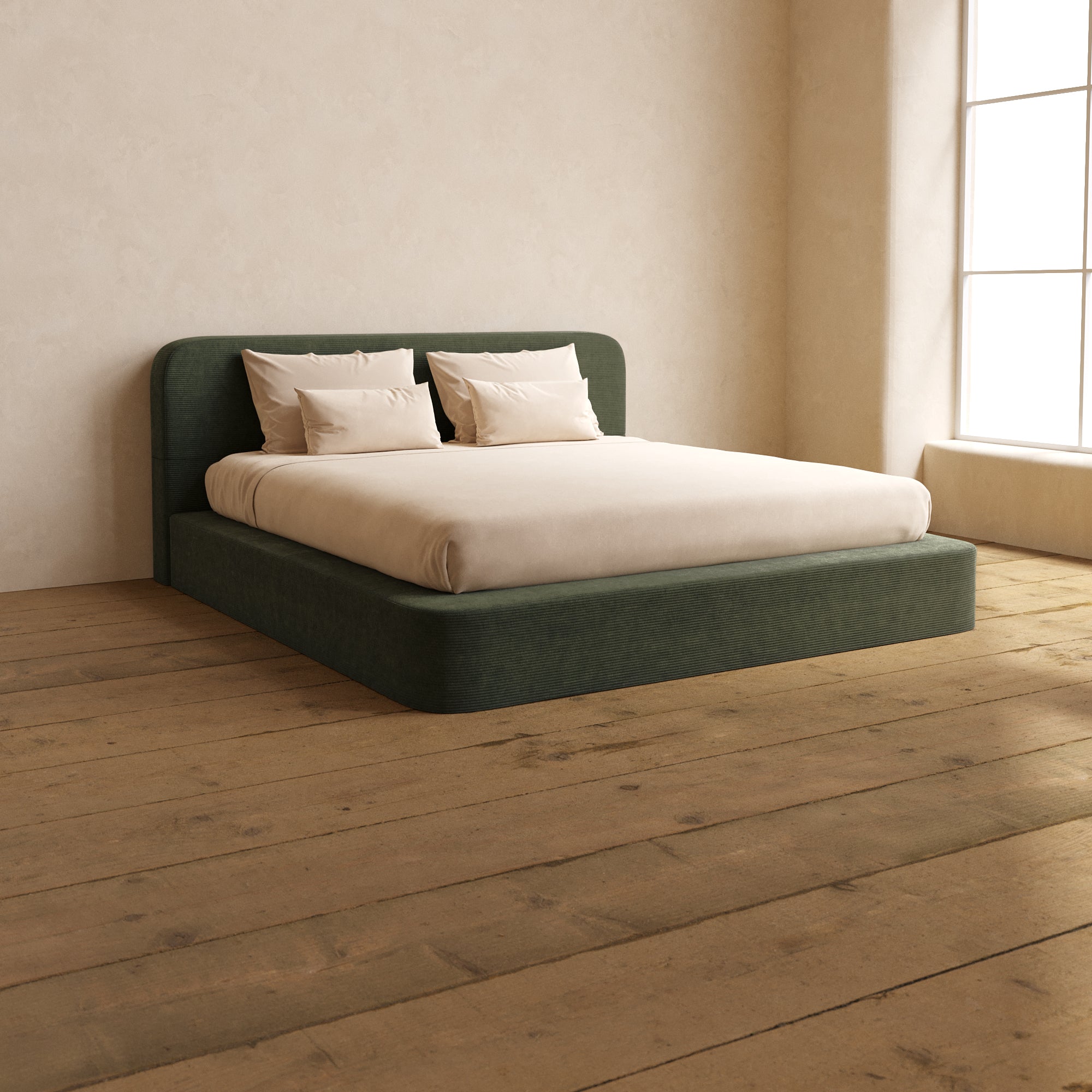 King Upholstered Platform Bed with Headboard - Luxe Corduroy Fabric in Olivine Green | Modern Bedroom Furniture for Master & Guest Rooms