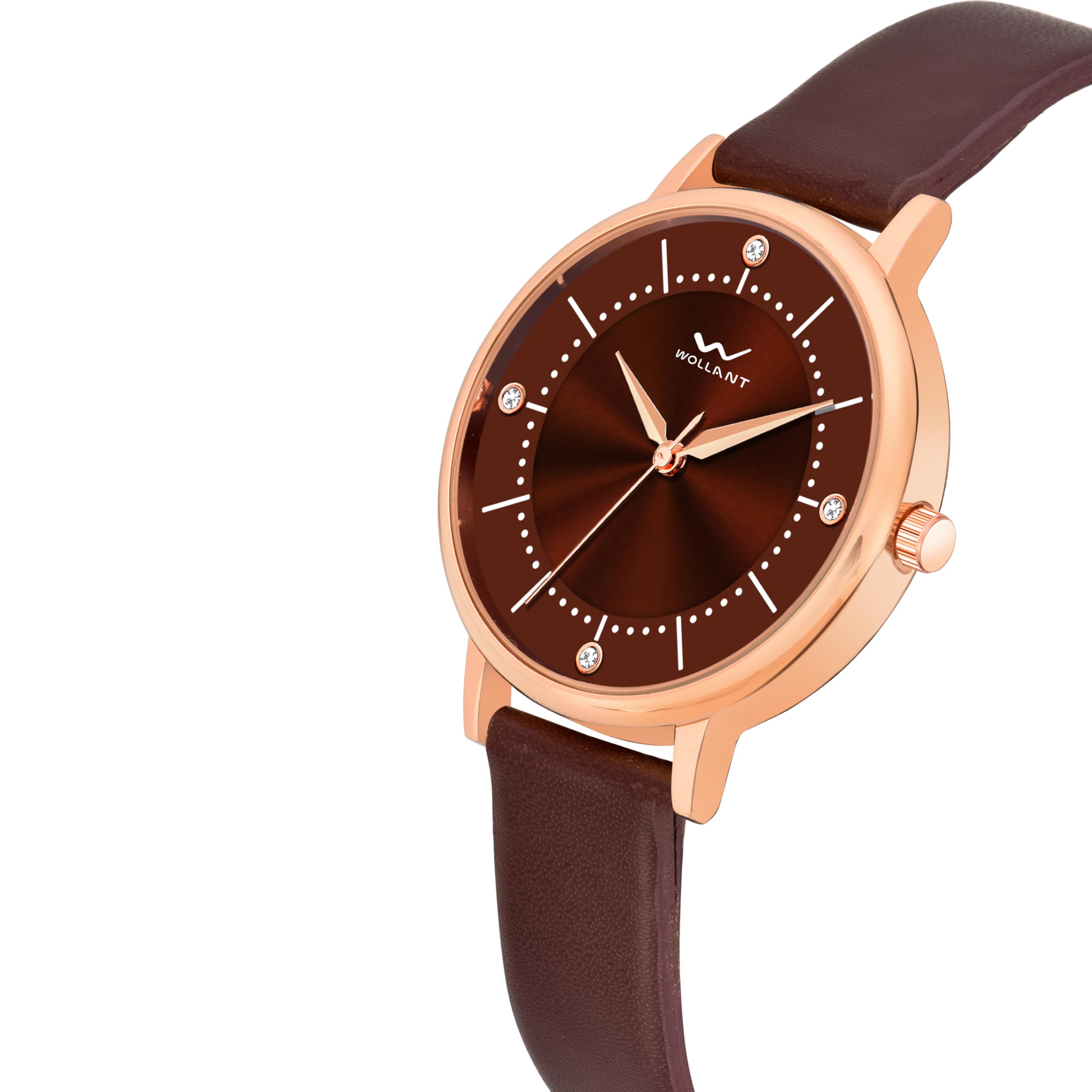 Wollant Women's Analog Wrist Watch - Diamond Studded Dial, Rose Gold/Silver Stainless Steel Case, Genuine Leather Strap - Elegant Dress Watch for Office, Party & Everyday Wear