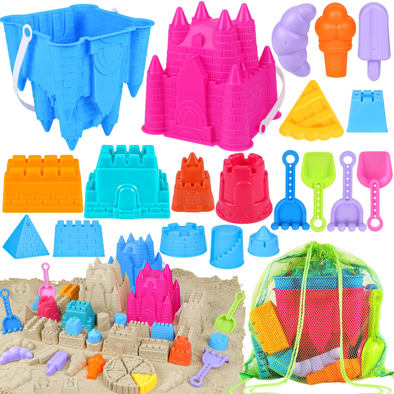 Best Beach Toys for Kids - 12-Piece Sand Castle Set with Buckets, Molds, Shovels & Rakes | Durable Sandbox Toys for Toddlers Ages 3-10 | Includes Mesh Storage Bag | Perfect for Beach, Backyard & Outdoor Play