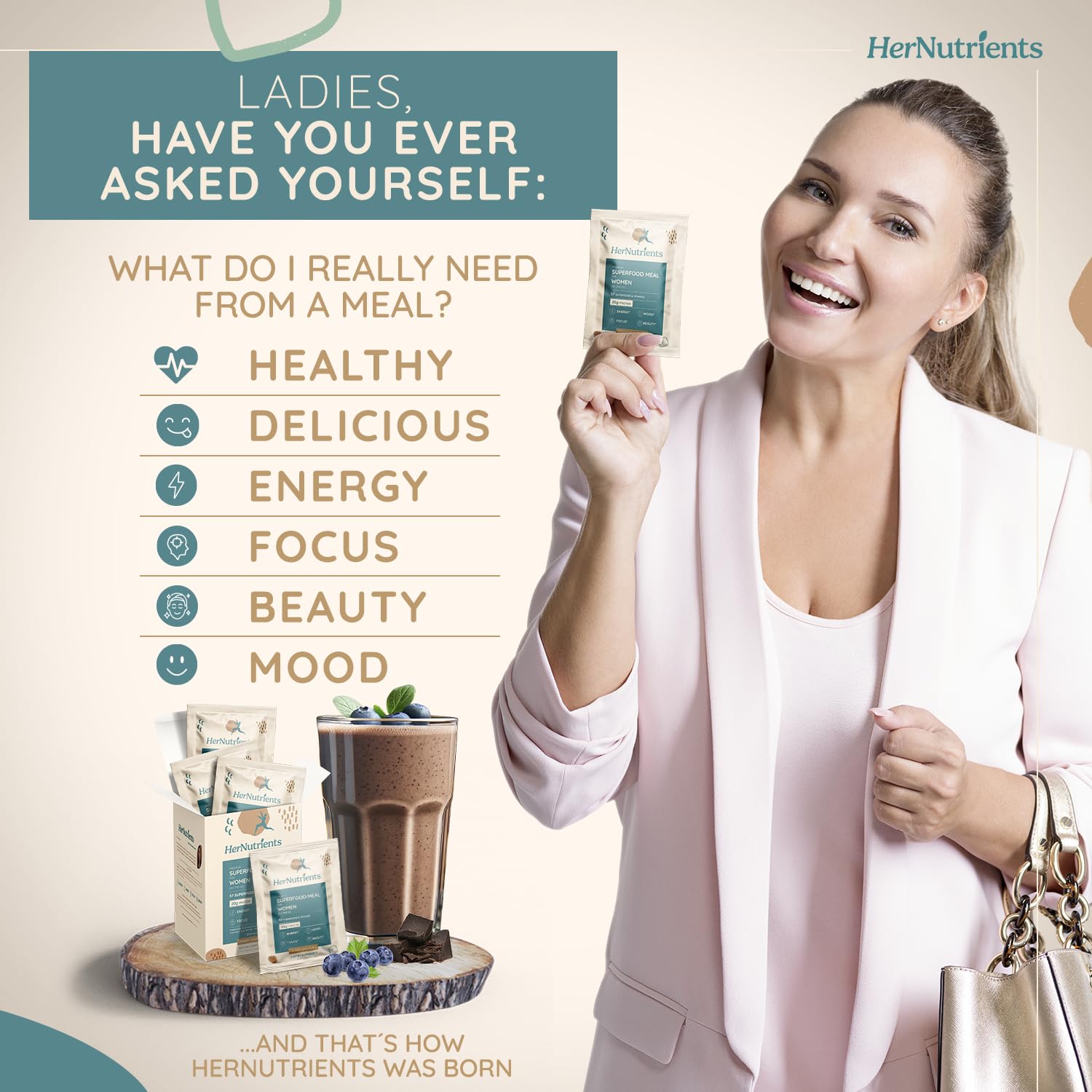 SuperFood Meal Replacement Protein Powder for Women - All-In-One Shake with Greens, Vitamins & Collagen | Chocolate Flavor, No Added Sugar | Supports Women's Health, Energy, Focus & Beauty | Perfect for Breakfast, Post-Workout or Healthy Snack (1 Sample Packet, Chocolate)
