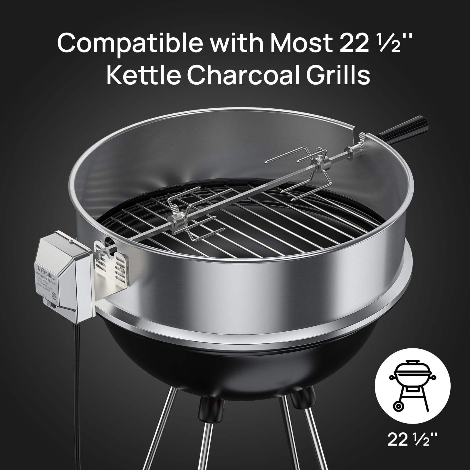 TURBRO Stainless Steel Rotisserie Ring Kit for 22-Inch Charcoal Kettle Grill - Includes 4W Electric Motor, 5/16