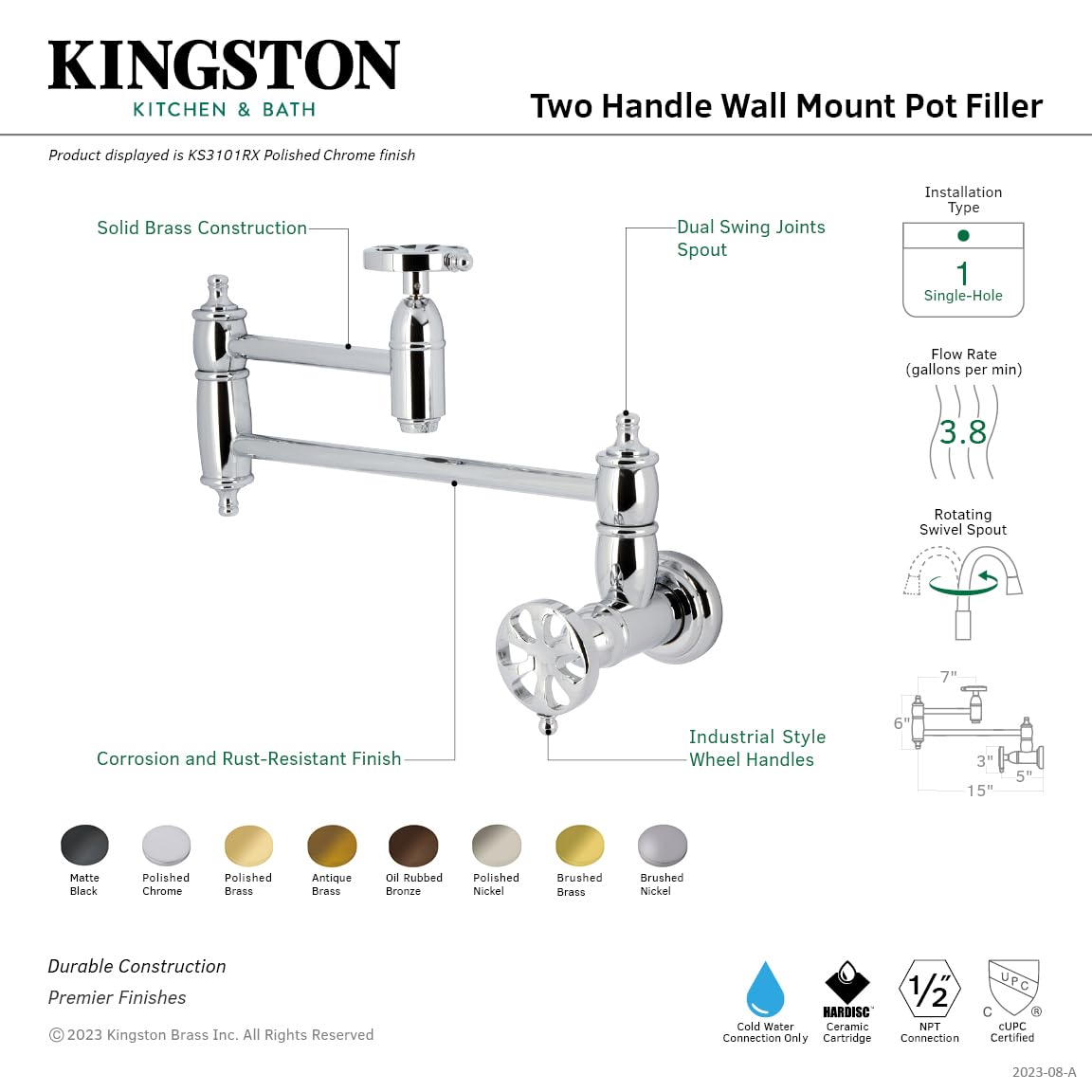 Kingston Brass KS3101RX Belknap Wall Mount Pot Filler Faucet - Polished Chrome Finish - Ideal for Kitchen, Cooking, and Filling Large Pots with Water