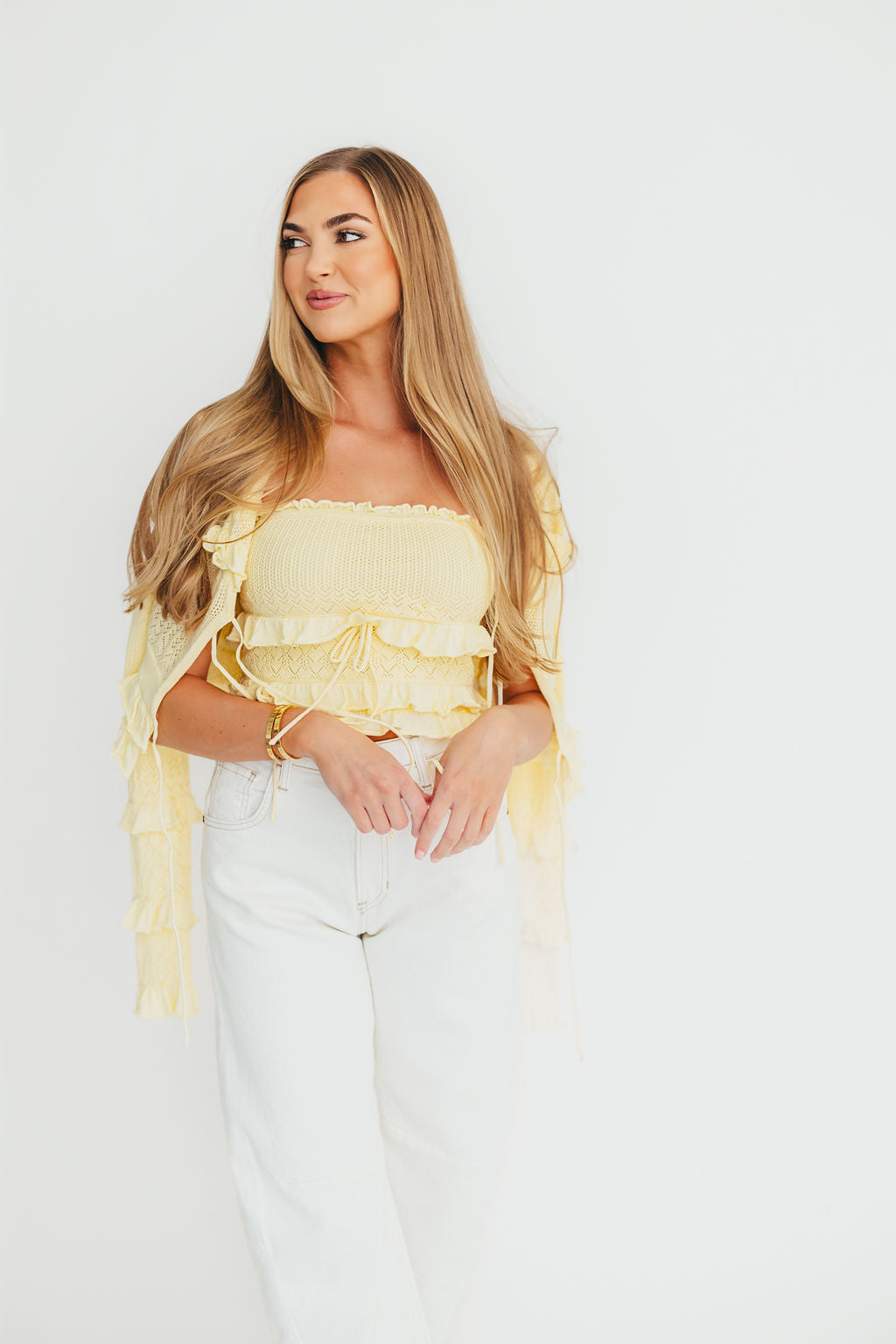 Zayne Women's Yellow Cardigan & Tube Top Sweater Set - Cozy Knit Loungewear for Casual Outings & Date Nights