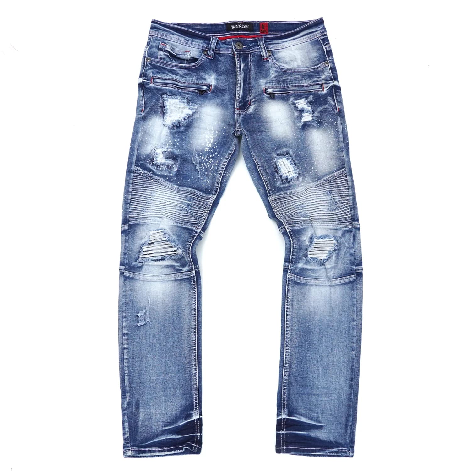 Makobi Light Wash Alki Biker Jeans for Women - High Waisted Distressed Denim Pants with Stretch, Perfect for Motorcycle Riding & Casual Outfits