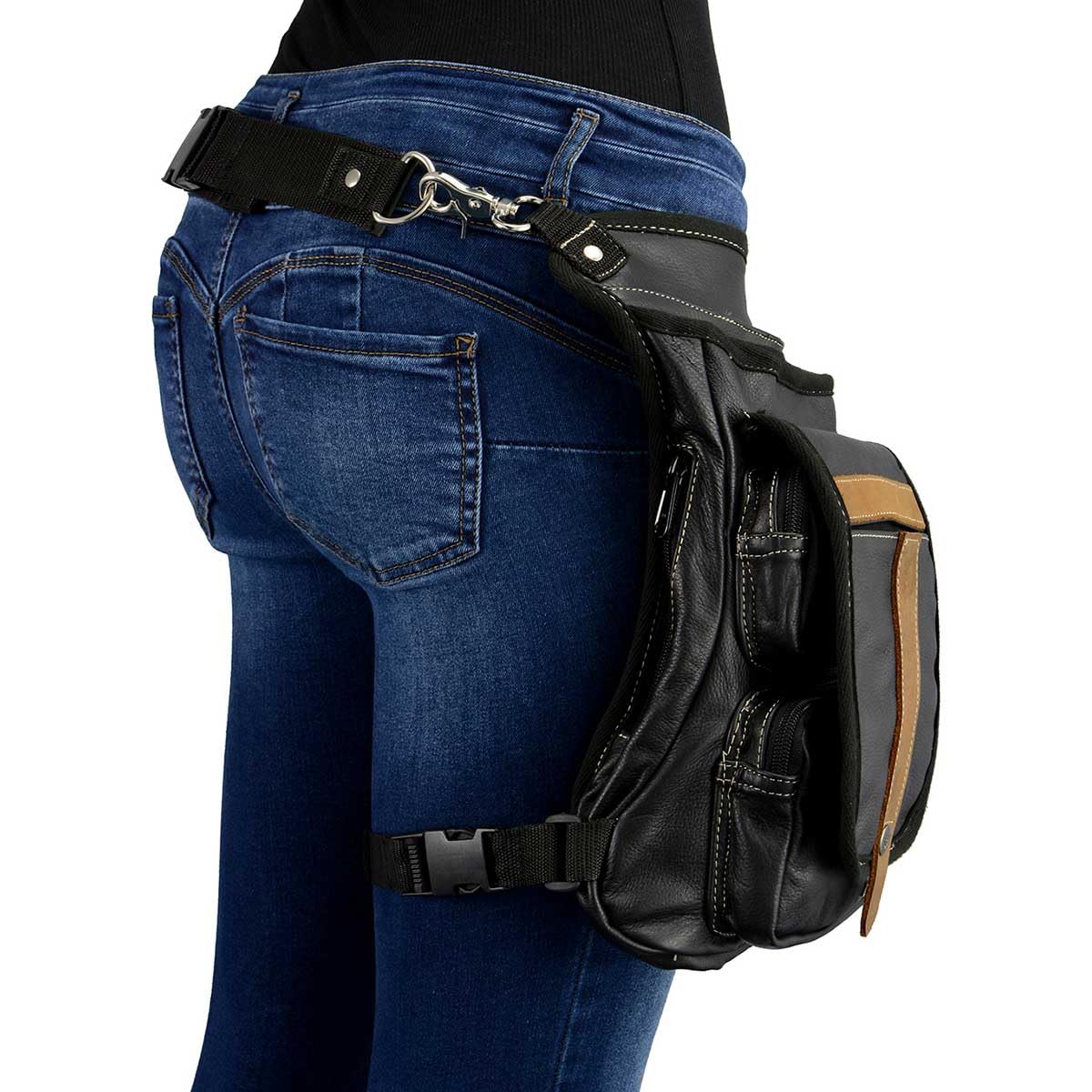 Milwaukee Leather MP8897 Conceal Carry Thigh Holster Bag - Black & Tan Leather with Adjustable Waist Belt for Pistol & Essentials | Perfect for Hiking, Travel & Tactical Use