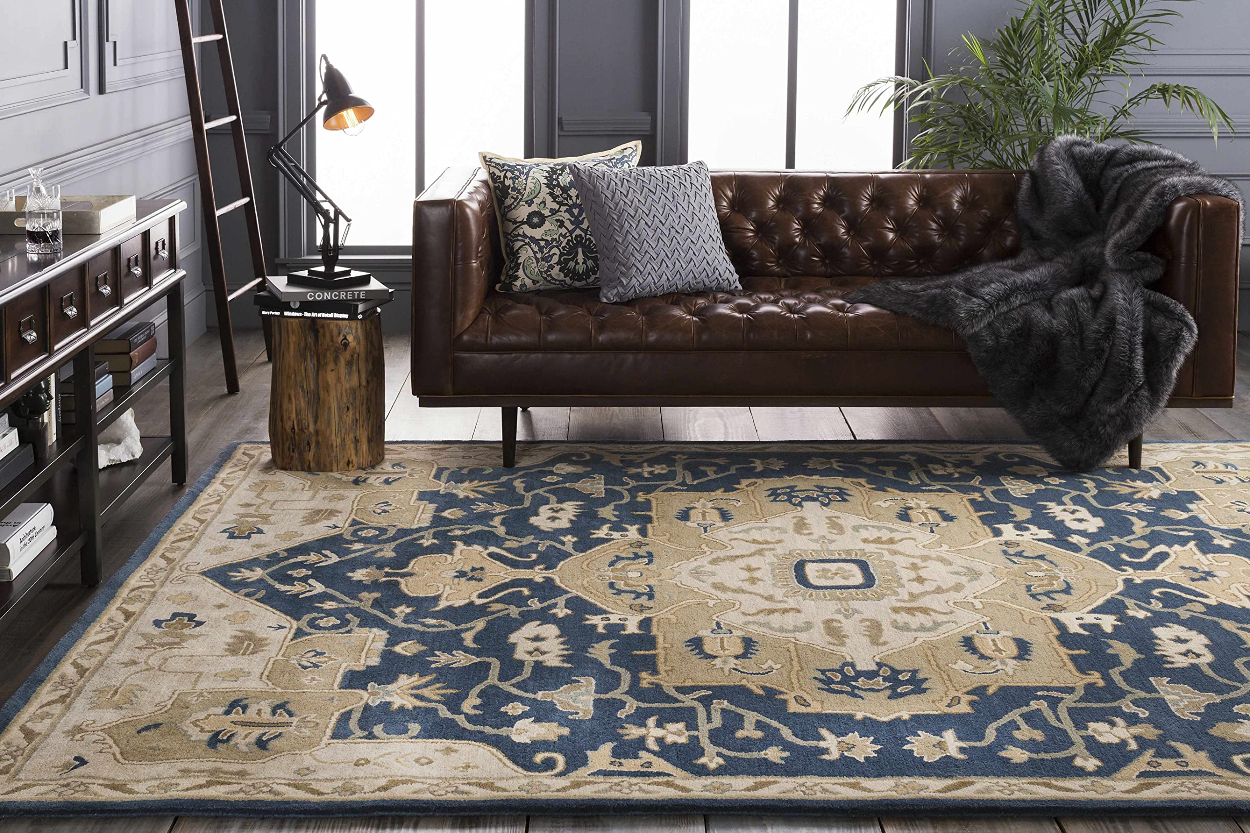 Premium Hauteloom Littleton Wool Area Rug 6' x 9' - Traditional Brown Blue Gray Handmade Rug for Living Room & Bedroom - Soft Durable Floor Covering for Home Decor, Cozy Comfort Underfoot
