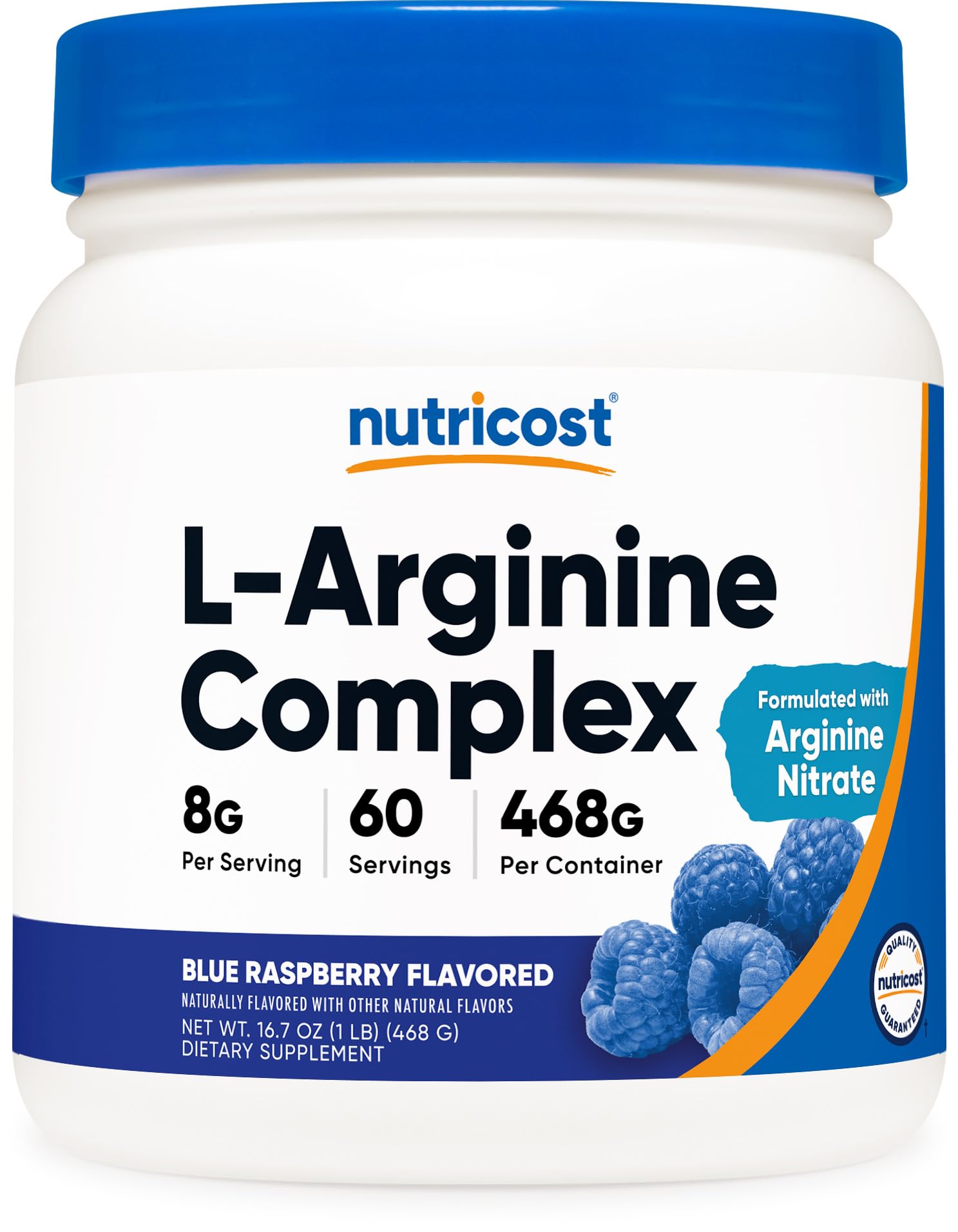 Nutricost L-Arginine Complex Powder - Blue Raspberry Flavor, 60 Servings | Gluten Free, Non-GMO Supplement for Workout Recovery, Heart Health & Energy Boost