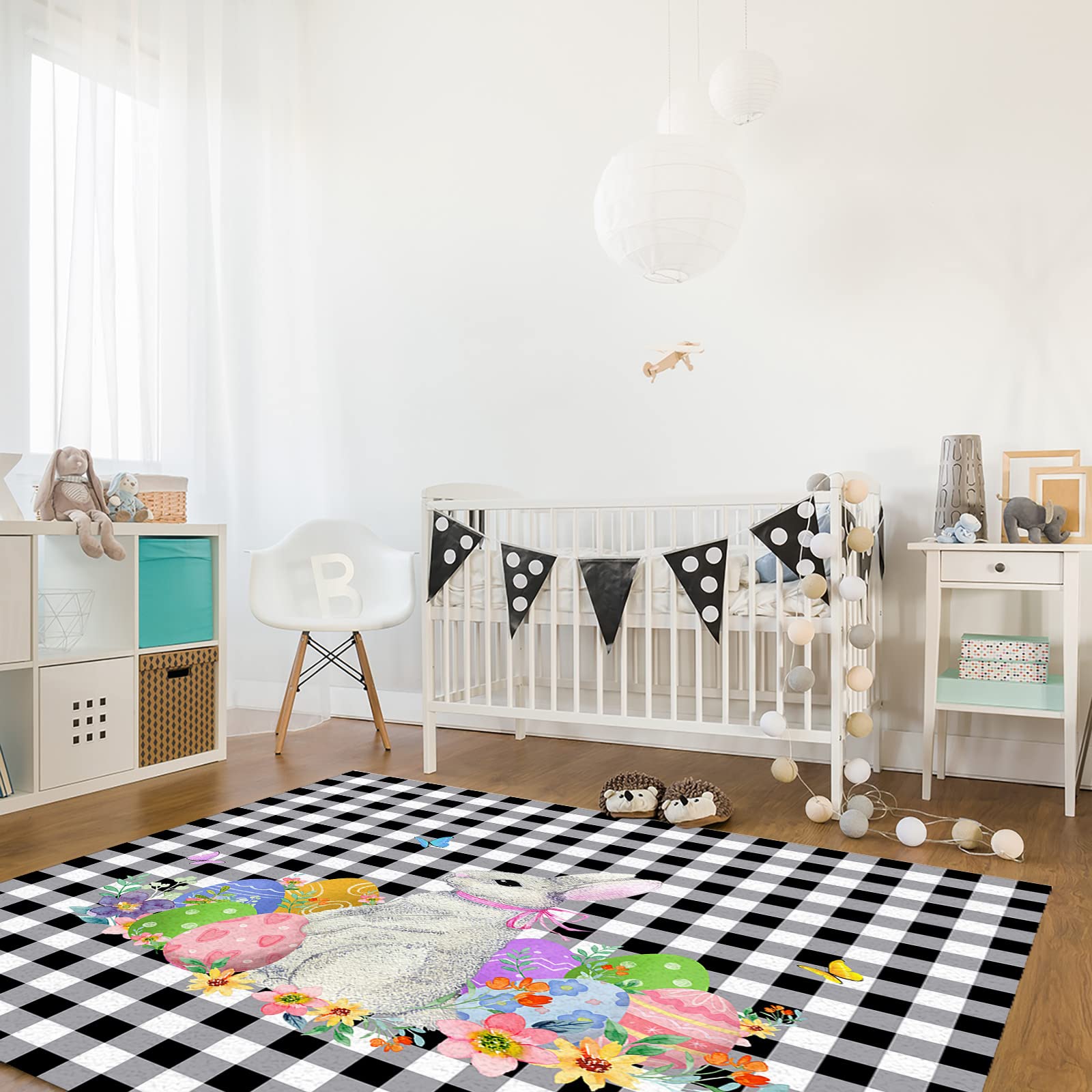 Non-Shedding Thick Area Rug Pad - 60x96 Inch Black and White Buffalo Plaid Floor Mat for Living Room, Bedroom, Kitchen - Easter Bunny Eggs Flower Design - Home Carpet Protection for Hardwood Floors & High Traffic Areas