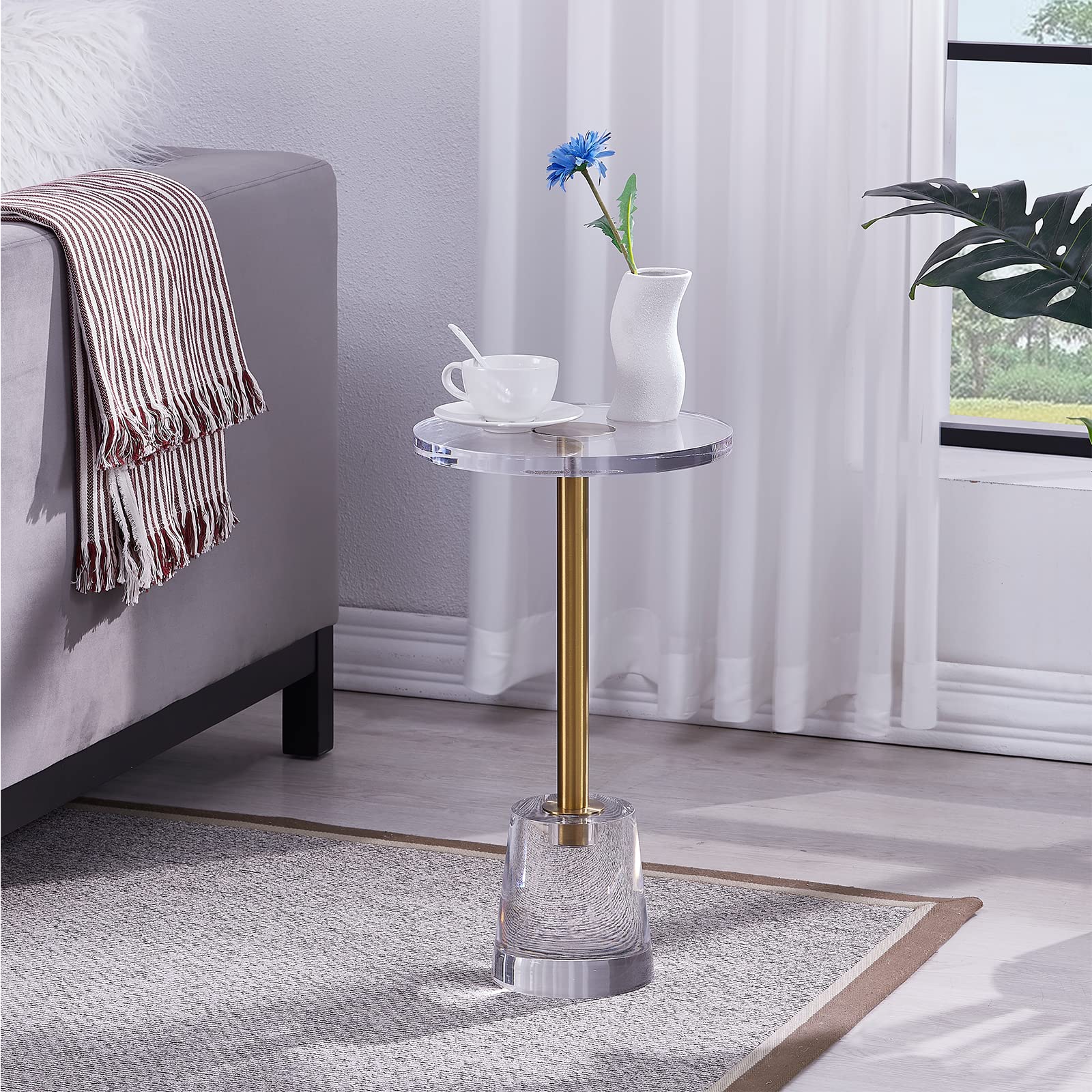 LIKENOW Clear Acrylic Side Table - Modern Small Round End Table with Gold Post for Living Room, Bedroom, Office | Perfect Nightstand for Drinks, Snacks & Decor | Easy Assembly & Stylish Home Accent