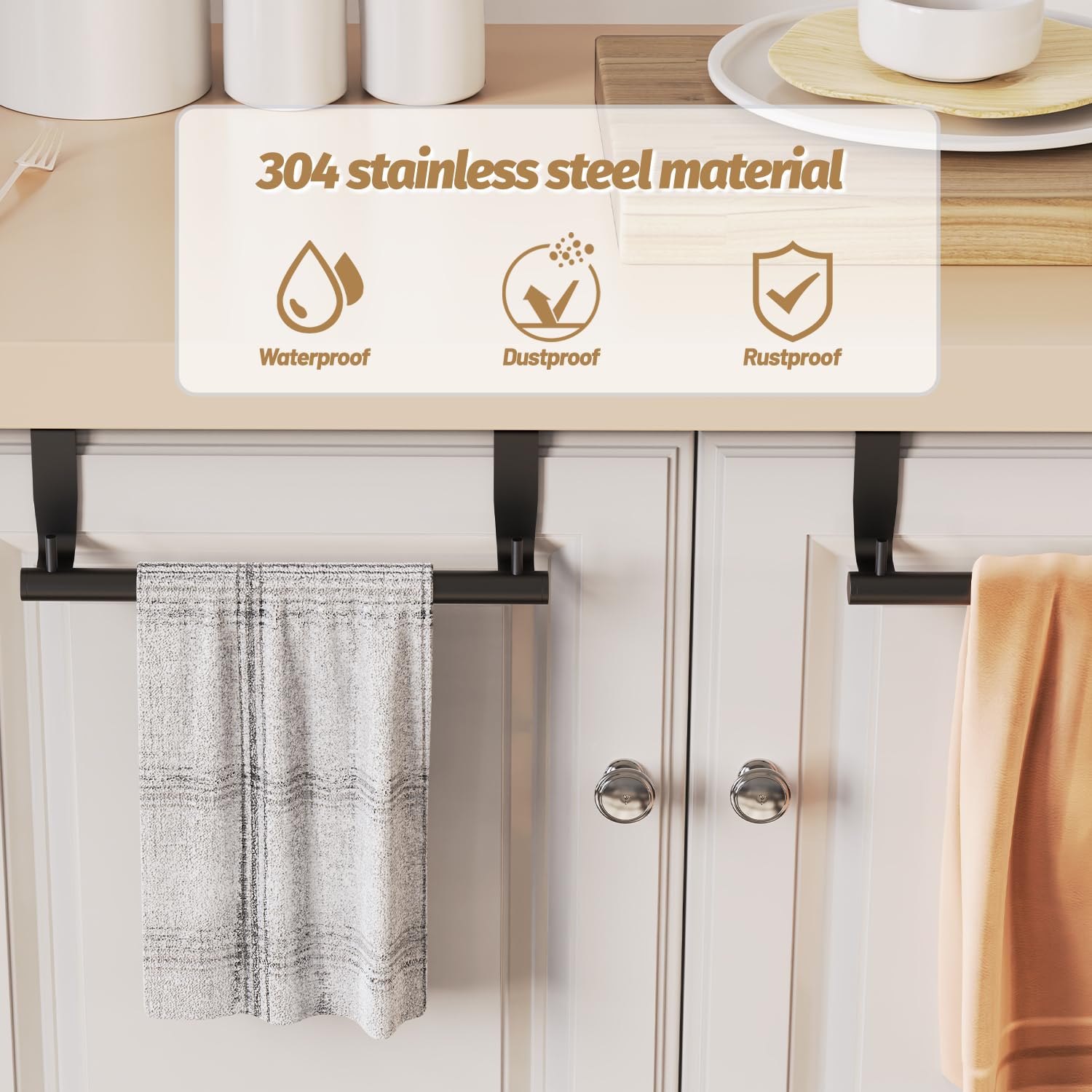 VEHHE 2-Pack 9-Inch Kitchen Towel Holder with 2 Hooks - Over Cabinet Towel Bar with EVA Foam Pads - Space-Saving Over The Door Towel Rack for Kitchen, Bathroom, Laundry Room (Black) - Perfect for Hanging Dish Towels, Hand Towels & Washcloths