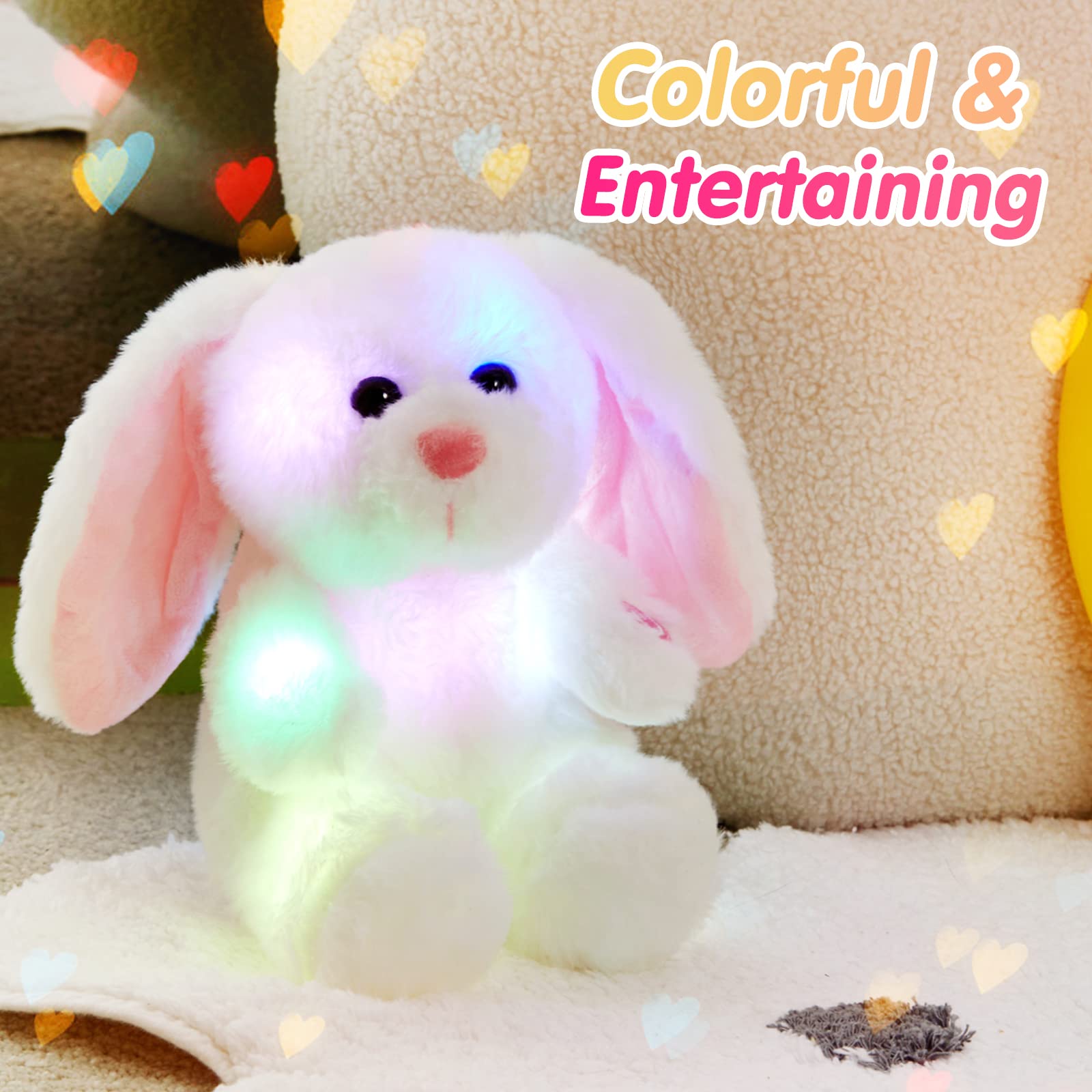 BSTAOFY LED Light Up White Bunny Stuffed Animal - Soft Plush Toy with Lop Ears, 8