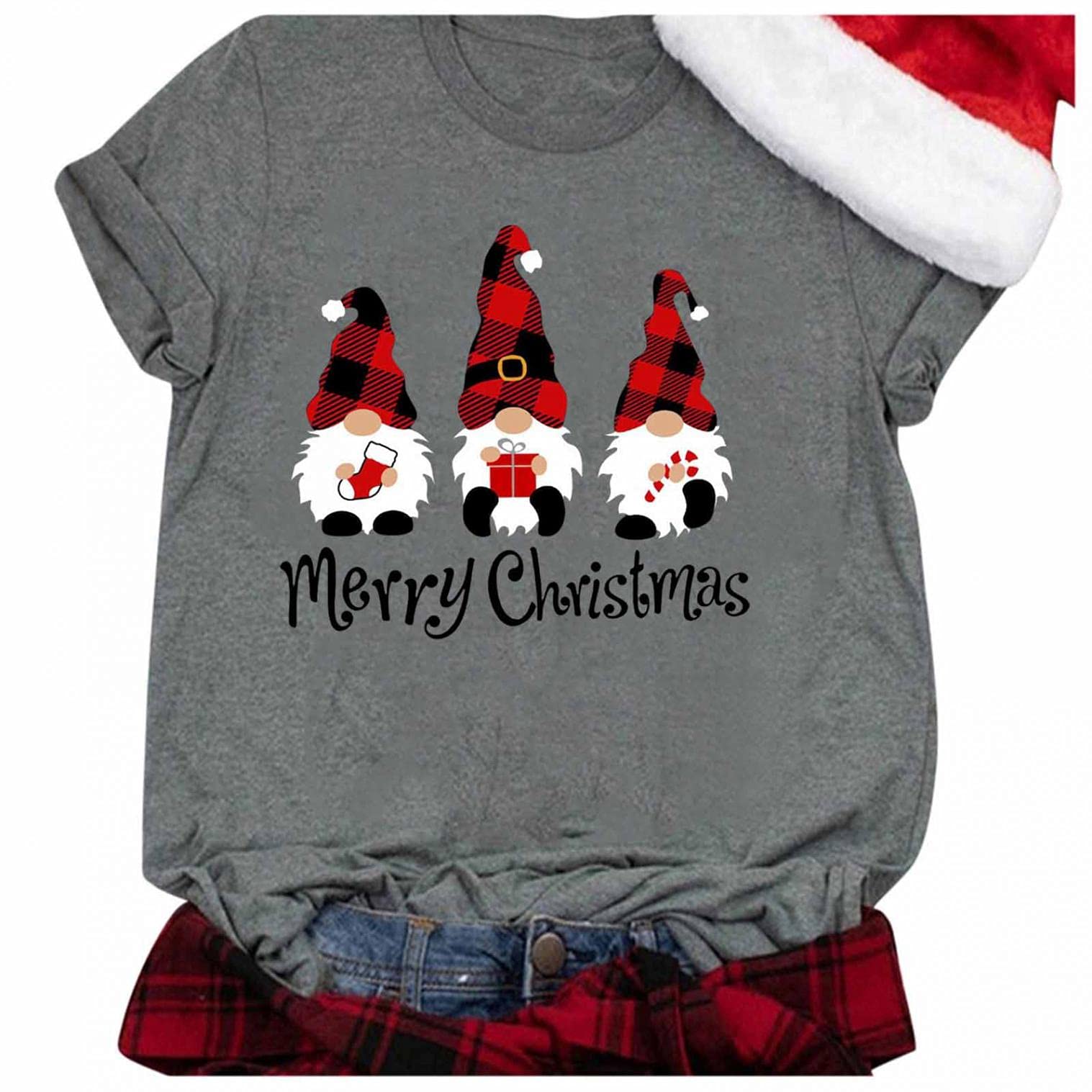 Funny Christmas Graphic T-Shirts for Women - Casual Gnome Print Short Sleeve Tee Top - Perfect for Holiday Parties & Family Gatherings