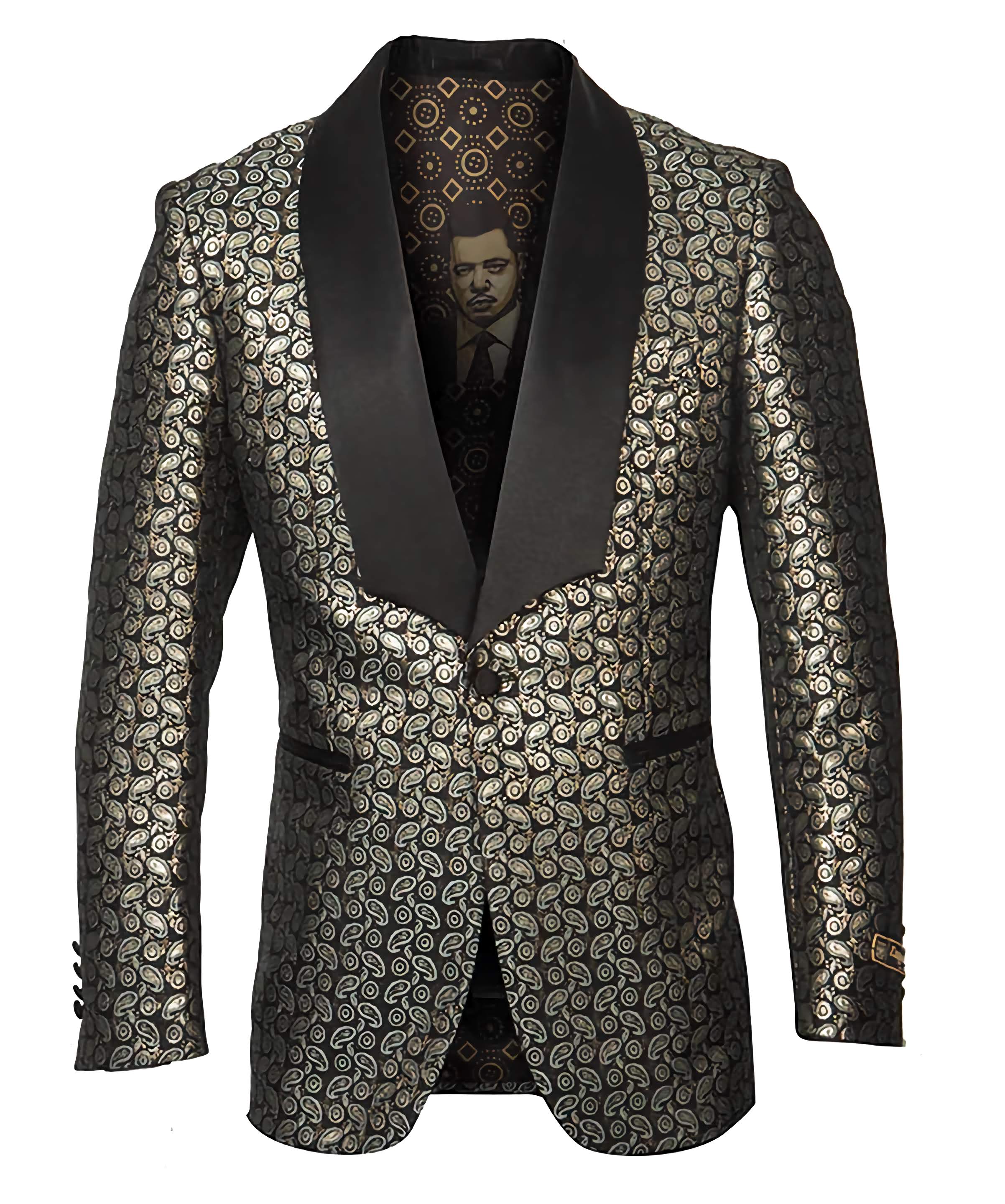 Men's Slim Fit Shawl Collar Sports Coat with Gold Paisley Pattern - Elegant Blazer for Business Casual, Weddings & Formal Events