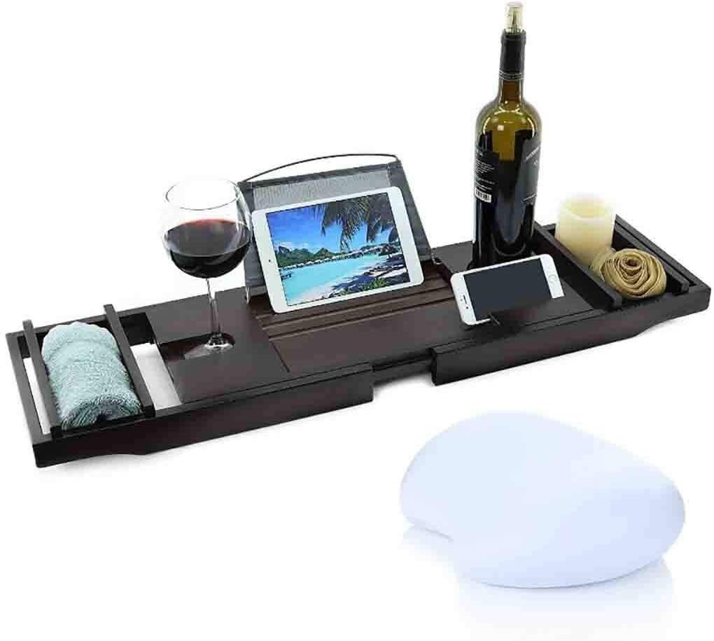 Luxury Bamboo Bathtub Tray with Extendable Sides - Foldable Bathtub Caddy with Built-in Book/Tablet Holder, Phone Stand & Wine Glass Holder - Perfect for Relaxing Baths, Reading, Wine Enjoyment and Spa Days