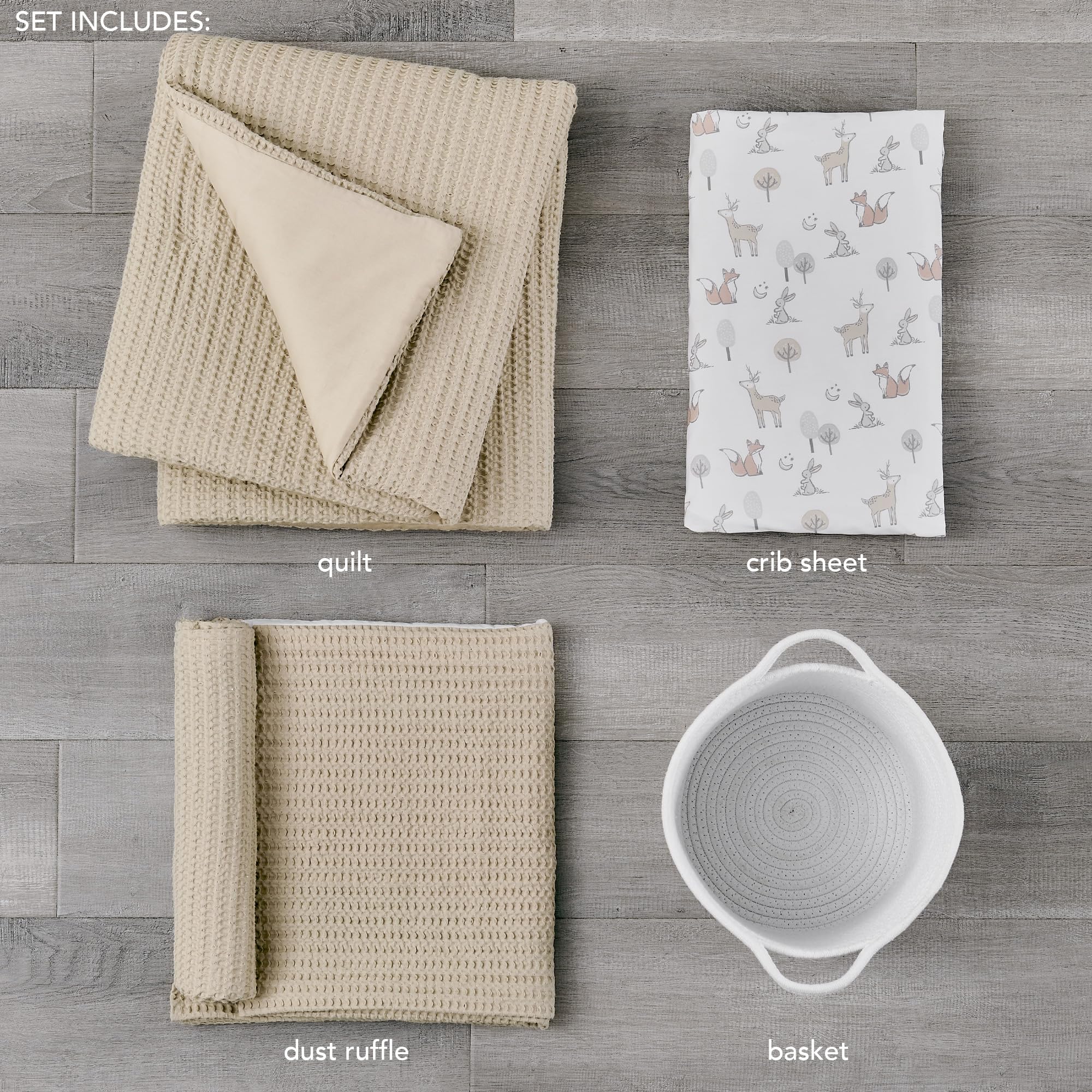 Levtex Baby Mills Waffle Crib Bedding Set - 4 Piece Nursery Set with Quilt, Fitted Sheet, Dust Ruffle & Rope Basket - Soft Taupe Textured Waffle Weave for Baby Boy & Girl - Perfect for Newborn Nursery, Baby Shower Gift & Cozy Sleep