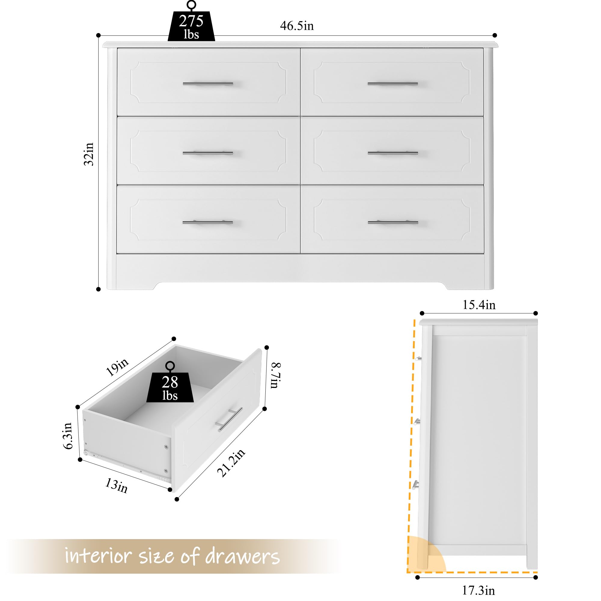 HOSATCK 6-Drawer Dresser - Modern White Wooden Chest of Drawers with Metal Handles, Bedroom Storage Organizer for Clothes, Towels & Linens | Perfect for Master Bedroom, Guest Room & Dormitory (Trapezoid/White)