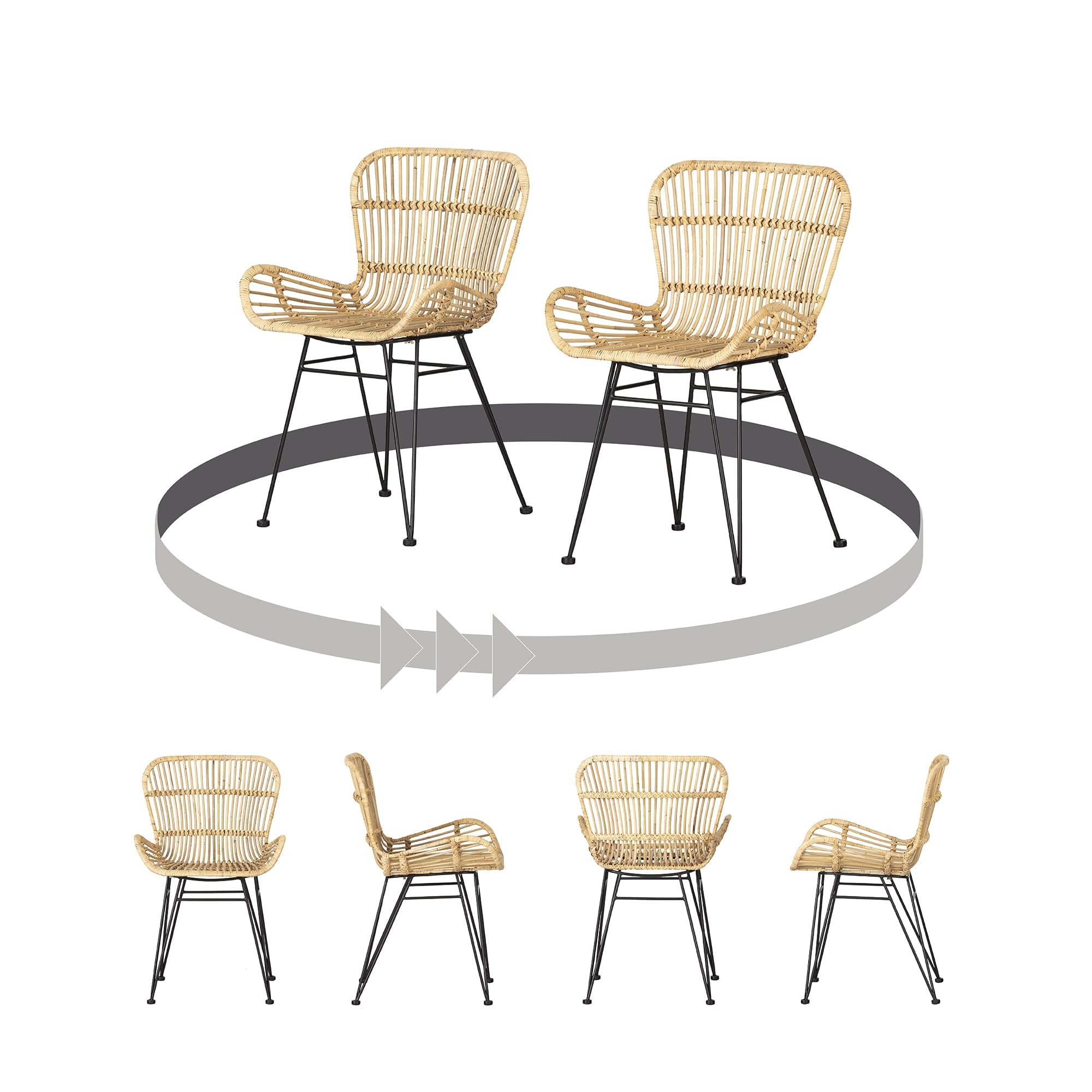 South Shore Balka Dining Chairs with Armrests, Set of 2 - Rattan & Black Modern Kitchen Chairs for Dining Room, Breakfast Nook or Patio