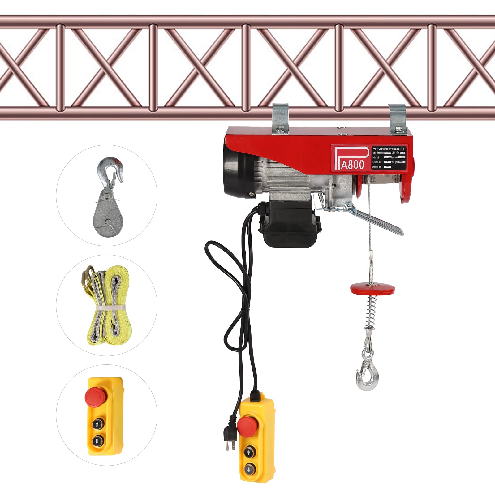 480W Electric Hoist Winch with Remote Control - 440lbs Lifting Capacity, 110V Heavy Duty Lift for Garage, Warehouse & Construction - Includes Single/Double Slings for Safe Material Handling