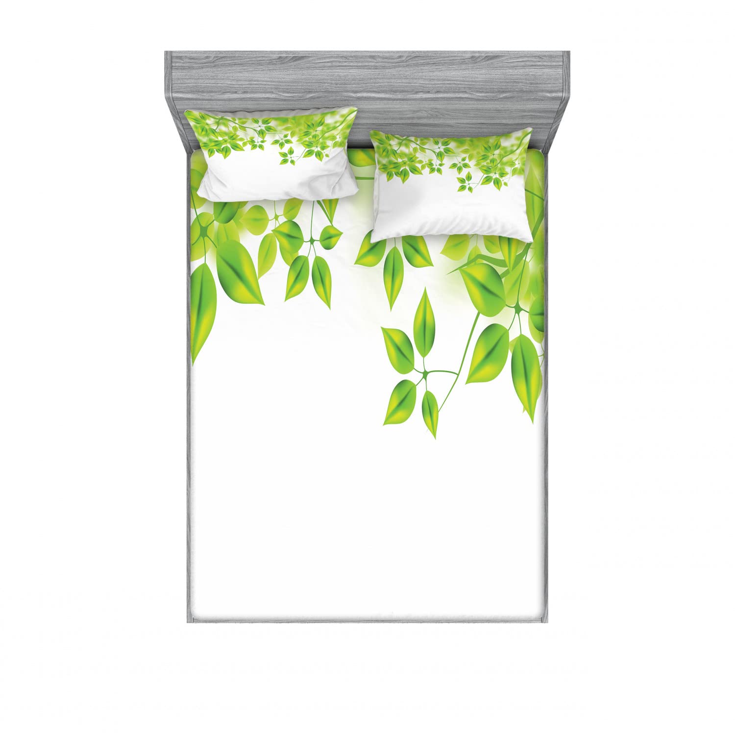 Ambesonne 2-Pack Full Size Fitted Sheets & 4 Pillow Sham Set - Green and White Leaf Spring Design Bedding Collection for Home Decor | Perfect for Guest Rooms, Spring Refresh, and Nature-Themed Bedrooms