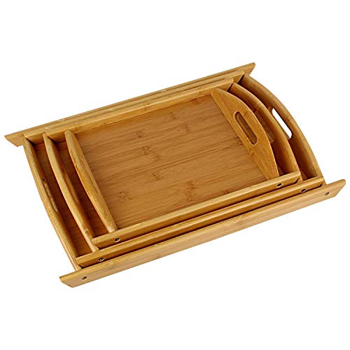 Premium Set of 3 Bamboo Serving Trays with Handles - Wooden Dinner Tray, Breakfast Tray & Bar Tray for Food Serving - Perfect for Home, Kitchen, Parties & Bedside Use - Natural Wooden Finish
