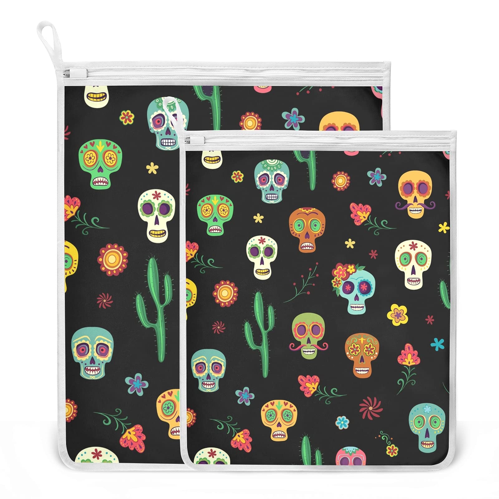 2-Pack Mexican Sugar Skull & Cactus Mesh Laundry Bags (1 Medium + 1 Small) - Perfect for Delicates, Bras, Hosiery, Underwear & Travel - Durable Wash Bags for Blouses, Stockings & Lingerie