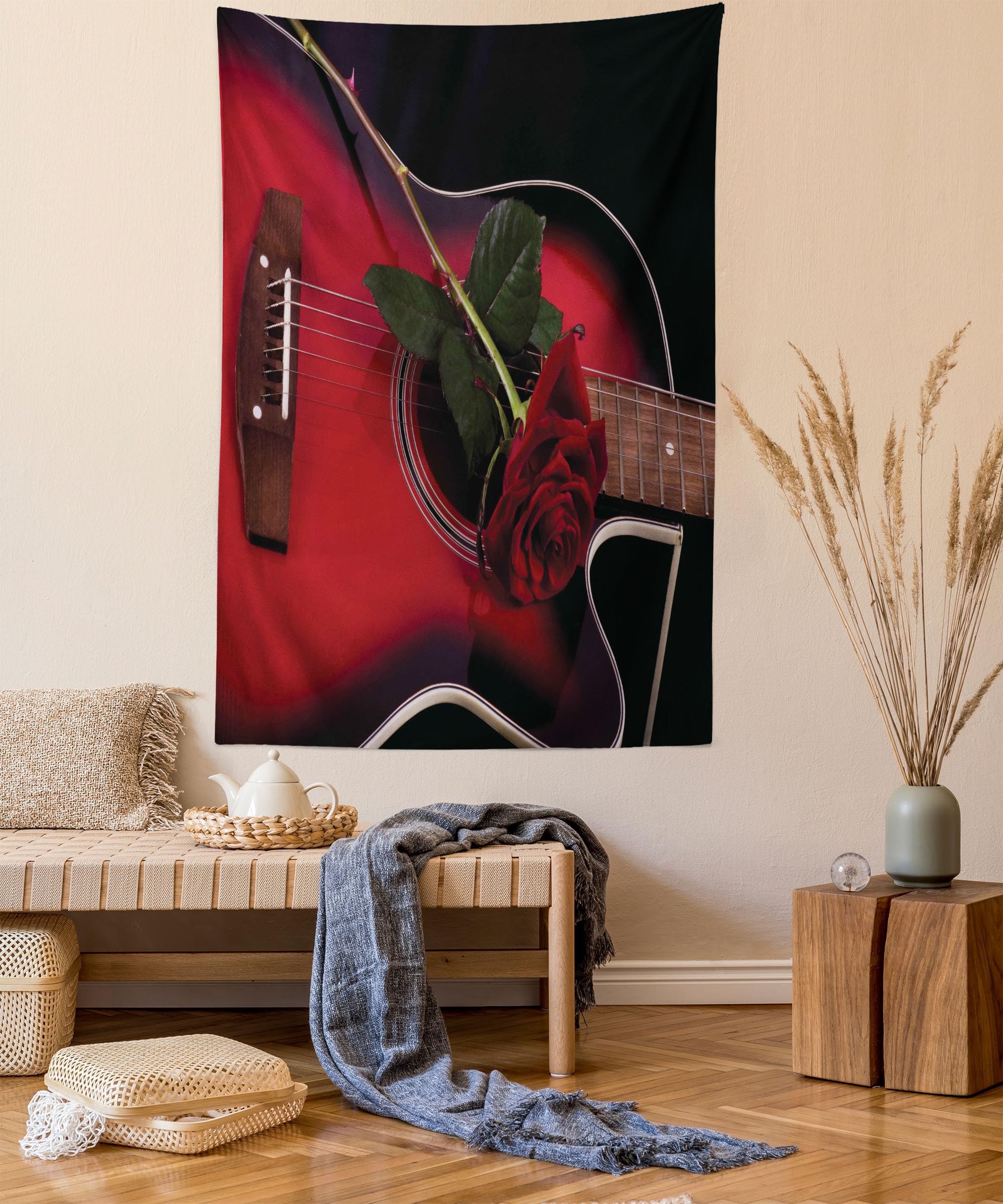 Ambesonne Abstract Tapestry Twin Size - Spanish Musician Portugal Handmade Guitar with Romantic Rose Theme - Wall Hanging, Bedspread, Bed Cover, Wall Decor for Bedroom & Living Room - White Ruby Color
