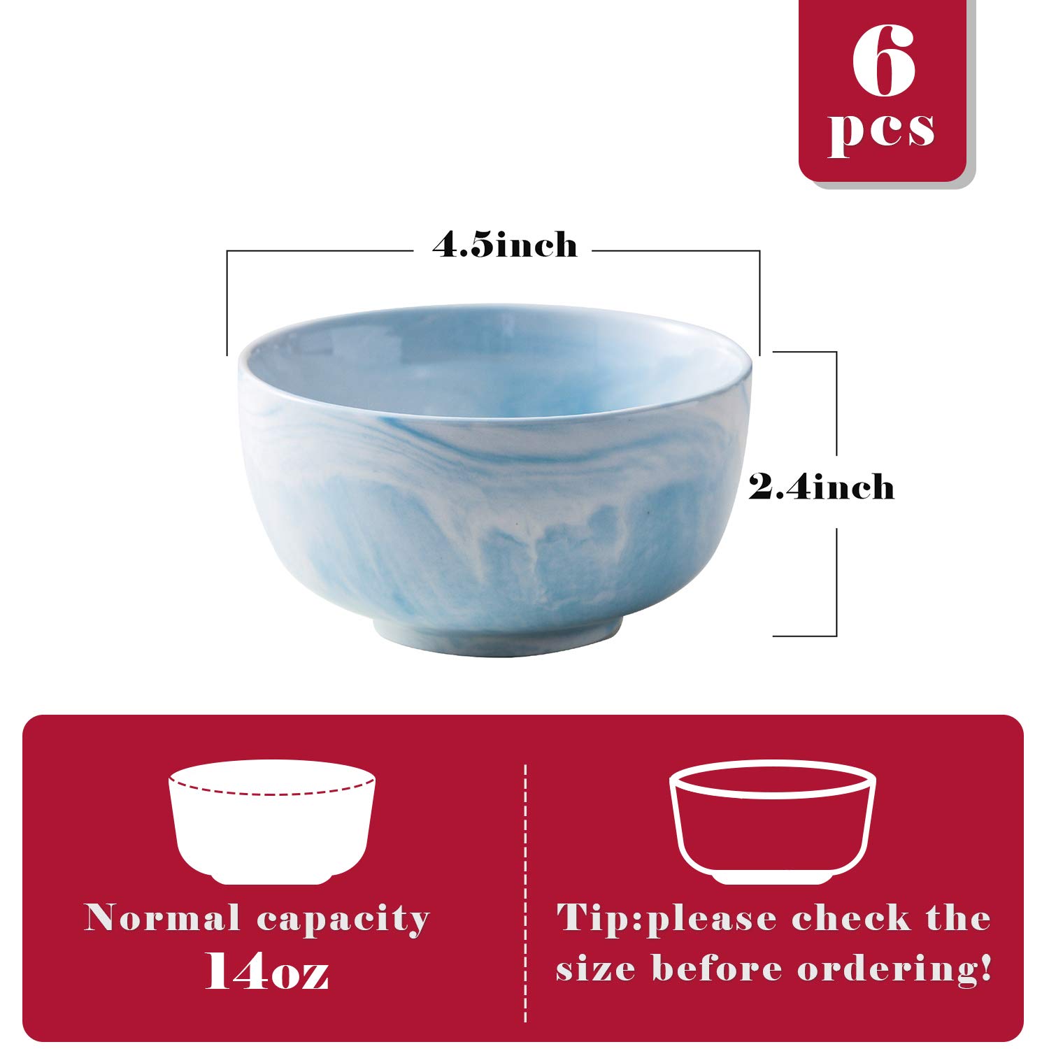 Yundu 14oz Blue Marble Porcelain Bowls Set of 6 - Microwave & Dishwasher Safe Ice Cream, Dessert, Cereal Bowls for Home, Restaurant & Party Serving