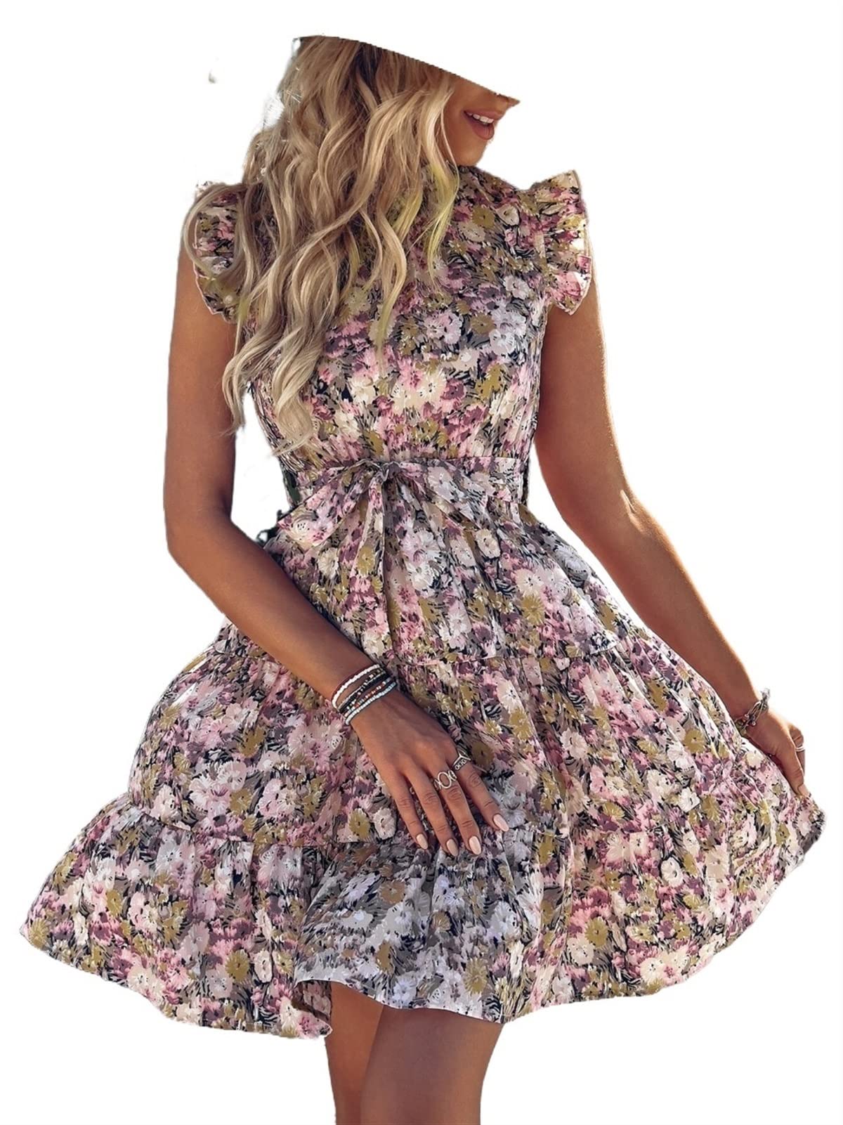 VIYAN Women's Floral Print Summer Short Dress with Ruffle Hem & Belt - Casual Sundress for Beach, Vacation & Outdoor Parties