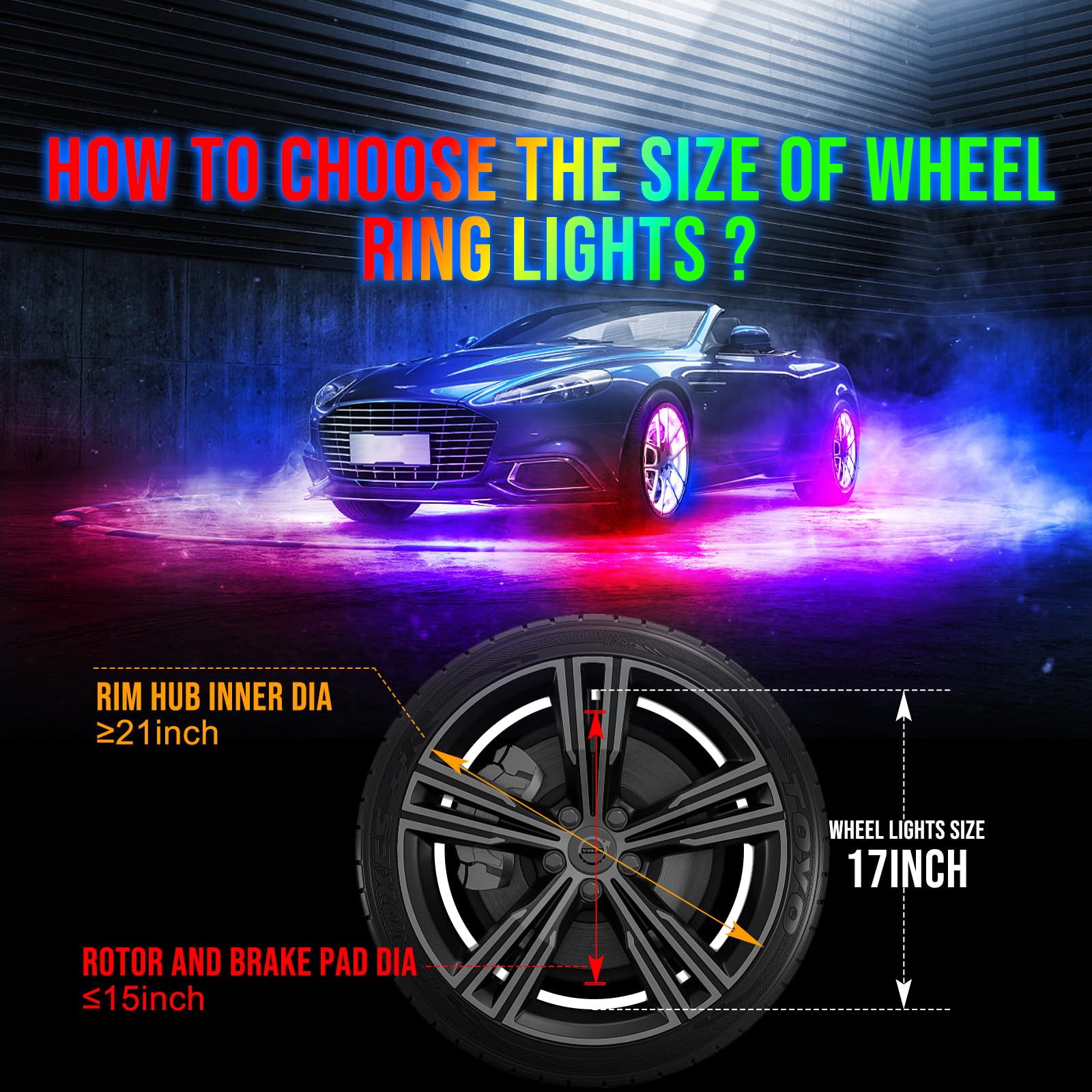 17 Inch RGBW Dreaming Color + Bright White Double Row LED Wheel Lights - Pure White & Rocker Switch Control for Cars, Trucks, Pickups & Off-Road Vehicles | Enhance Night Driving & Vehicle Customization