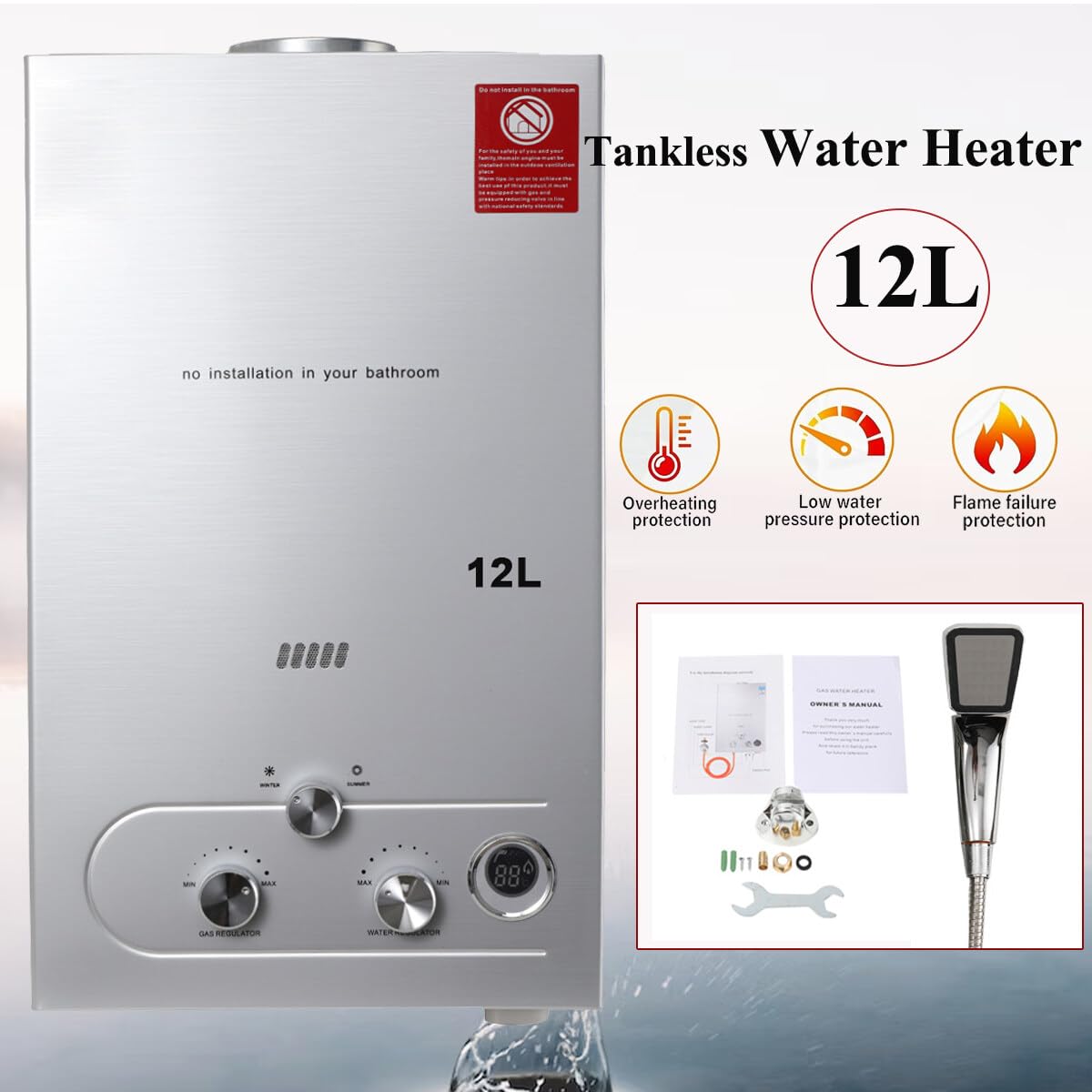 ECUTEE 12L 24KW LPG/Propane Gas Water Heater - Instant Tankless Gas Water Heater with Shower Kit for Outdoor Use, Silver - Perfect for Camping, RV, and Off-Grid Living