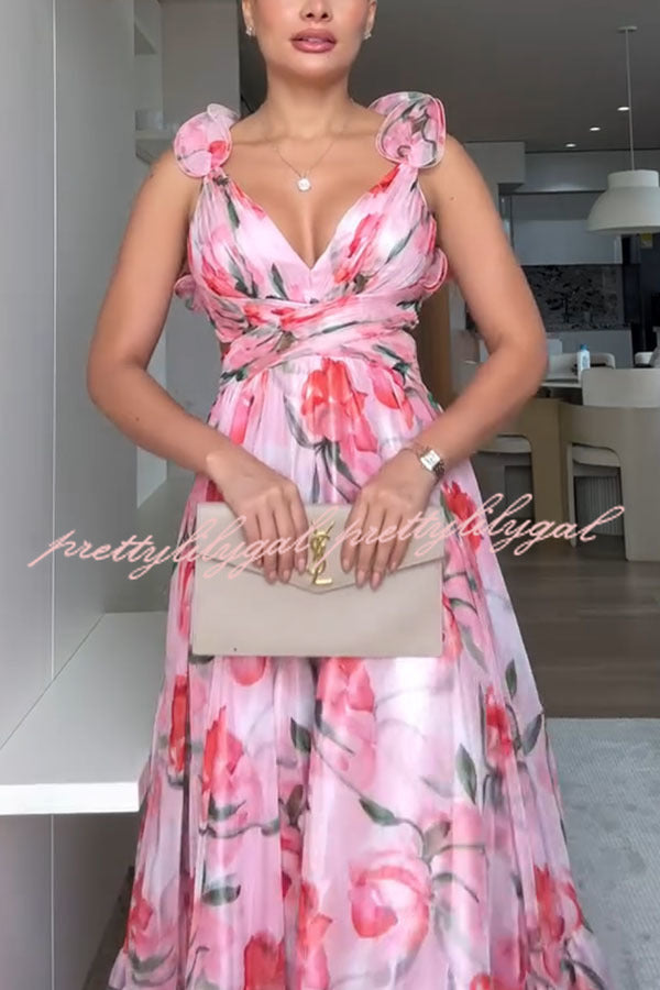 Whimsy Grace Tulle Floral Ruffle Detail Back Lace Up Pleated Maxi Dress - Elegant Wedding Guest & Special Occasion Formal Gown for Women