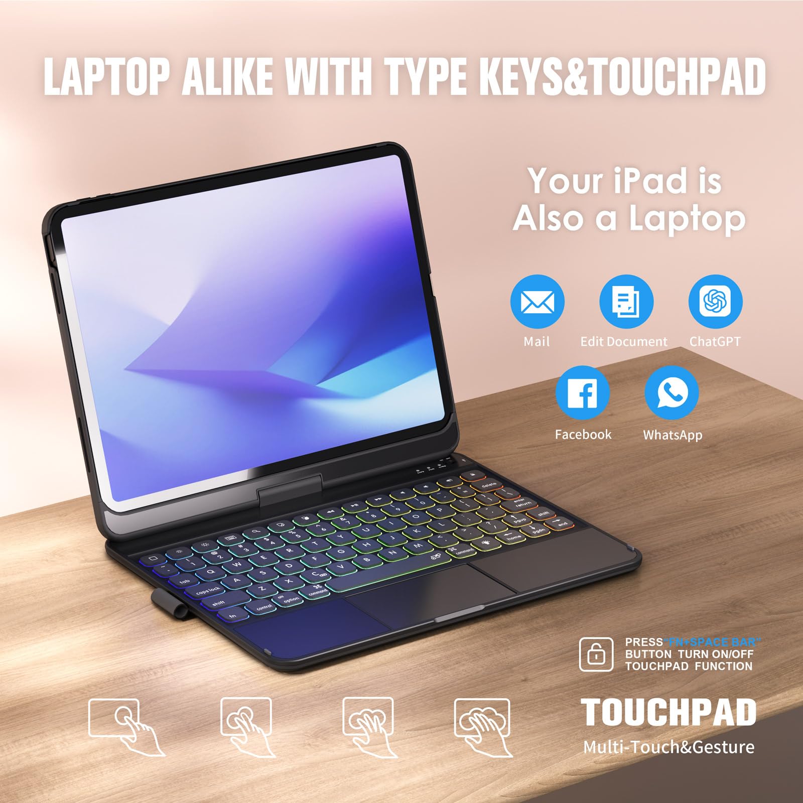 BABG iPad Air 11 (M2, 2024) & iPad Pro 11 Inch (4th/3rd/2nd/1st Gen) & iPad Air 5th/4th Gen Keyboard Case - 360° Swivel, Multi-Touchpad, Backlit Keys, Large Battery - Black | Perfect for Work, Travel & Home Office Use