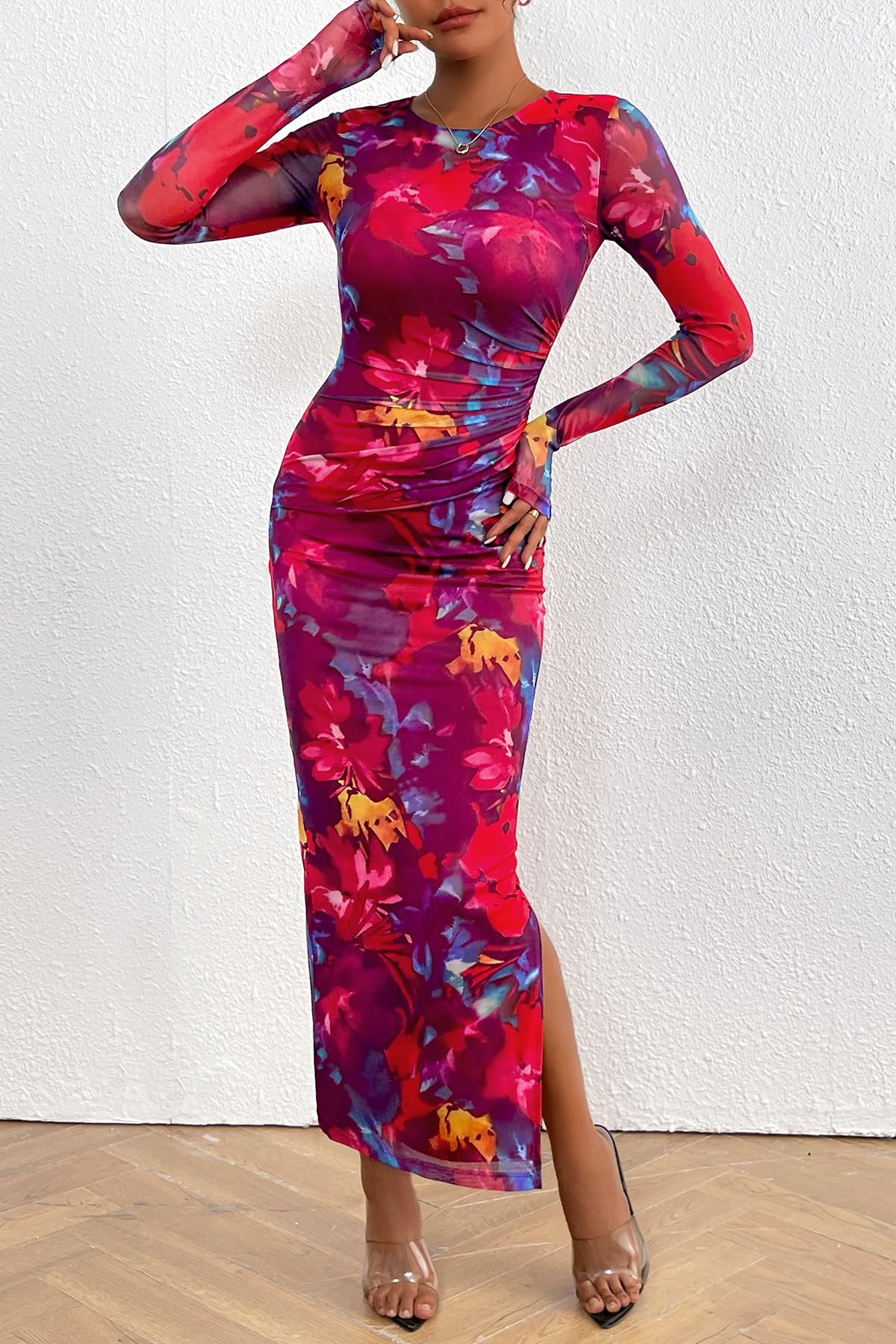 CFLONGE Women's Floral Print Long Sleeve Bodycon Dress - Ruched Cocktail Party & Wedding Guest Maxi Dress - Perfect for Evening Events, Date Nights & Special Occasions