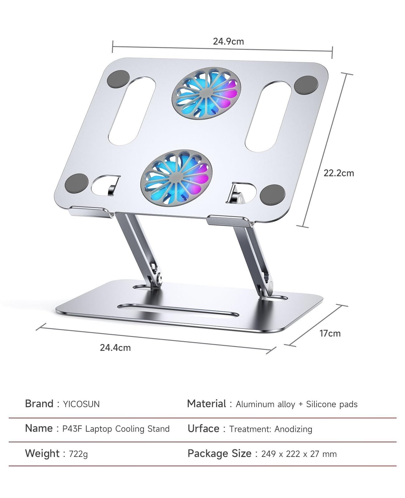 Portable Adjustable Aluminum Laptop Stand with Cooling Fan for MacBook Pro, iMac, 12-15.6
