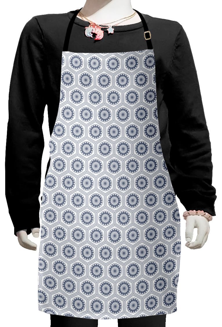 Ambesonne Geometric Apron - Adjustable Baking & Painting Apron with Hexagon Tortoise Shell Design - Small Size Grey White - Perfect for Cooking, BBQ, Pottery & Art Classes