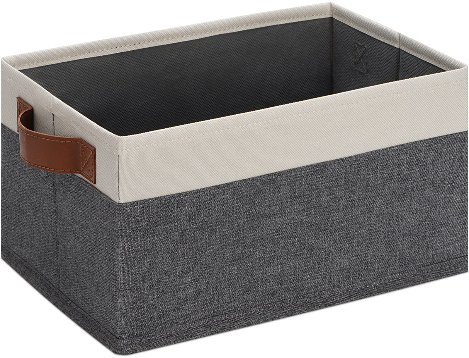 Leather Handle Fabric Storage Basket - Foldable Organizer for Shelves, Closet & Office (11.4