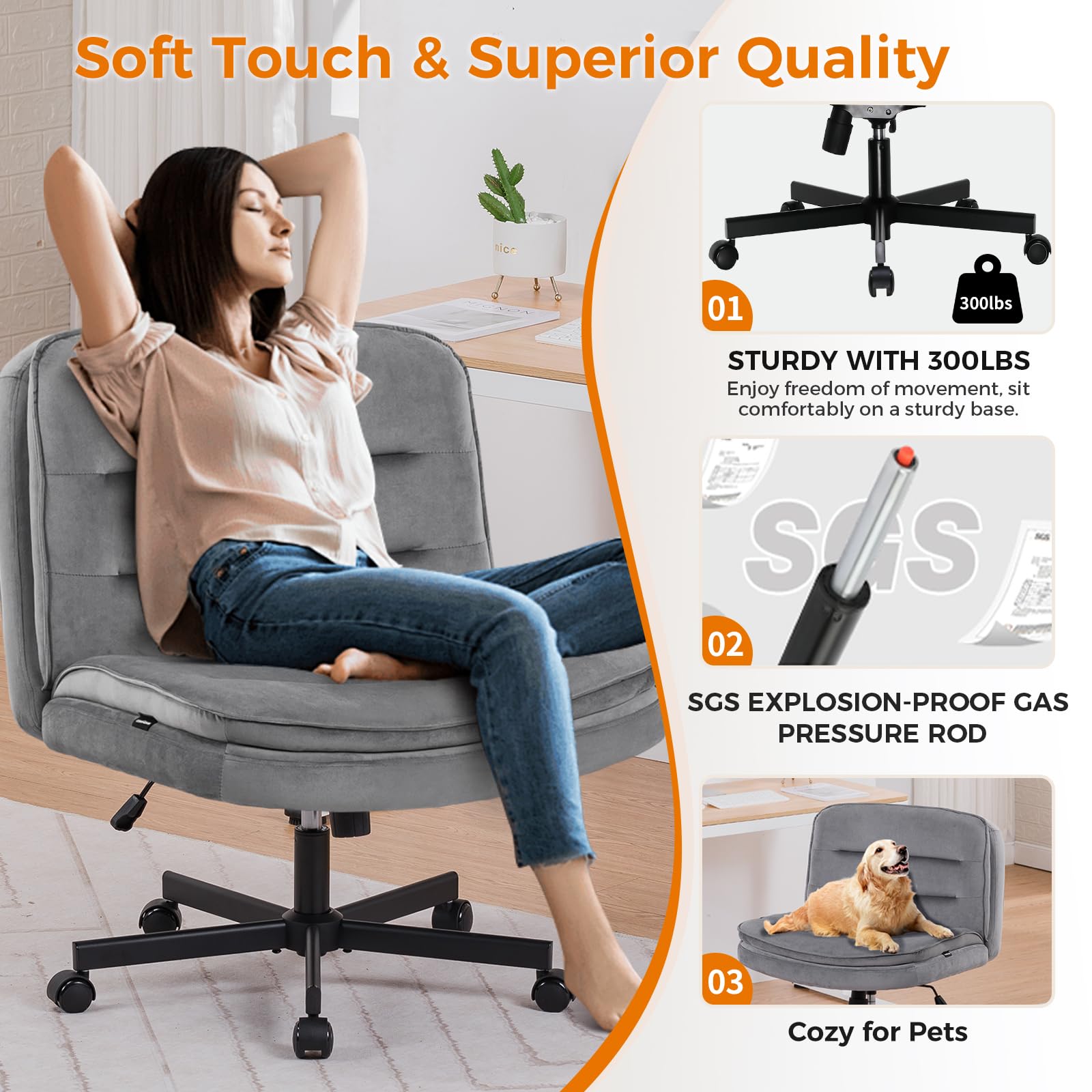 Criss Cross Legged Office Chair with Wheels - Armless Swivel Desk Chair, Wide Seat & Height Adjustable Mid Back - Perfect for Home Office, Computer Work & Vanity Desks
