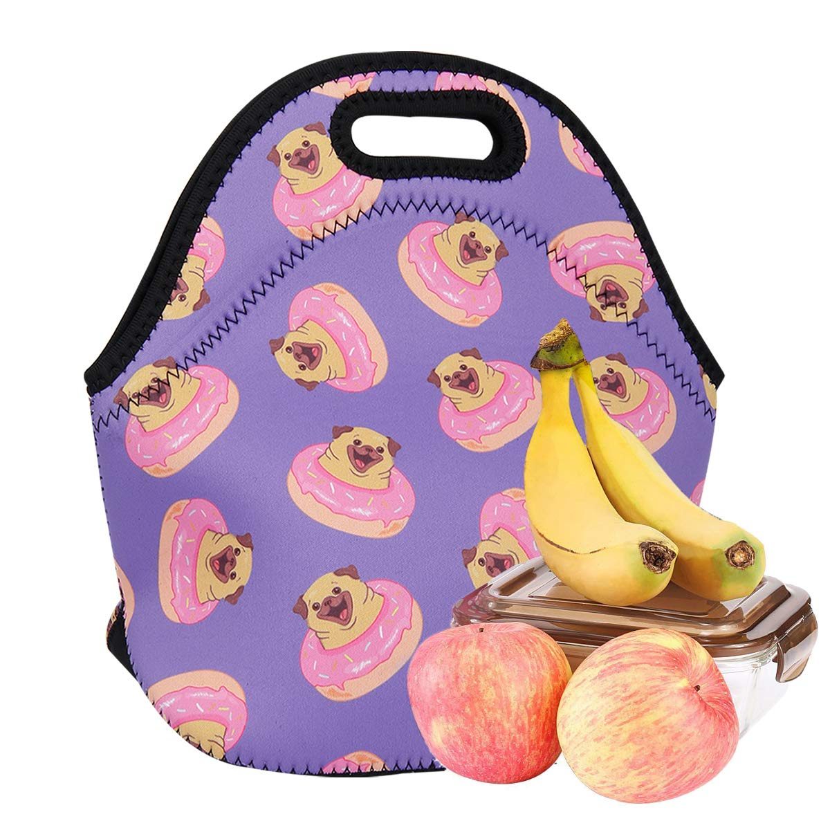 **Violet Mist Insulated Neoprene Lunch Bag for Women & Men - Cute Pug Dog Design, Reusable, Waterproof & Thermal Food Container - Perfect for Work, Travel, Picnics & School - Great Gift for Dog Lovers**