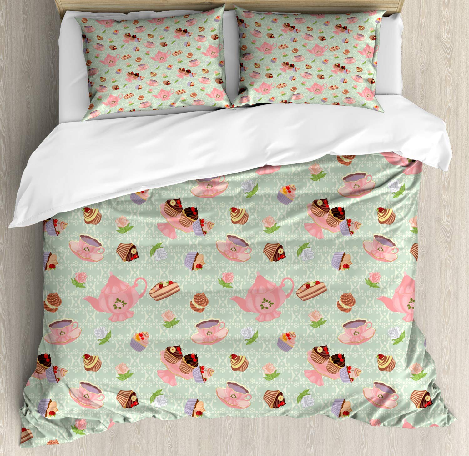 Ambesonne Retro Duvet Cover Set - British Tea Time Inspired Design with Tea Cups, 3-Piece Queen Size Bedding Set (Duvet Cover + 2 Pillow Shams) in Pale Green & Pink - Perfect for Vintage Bedroom Decor, Guest Room Makeover & Cozy Tea-Themed Retreats