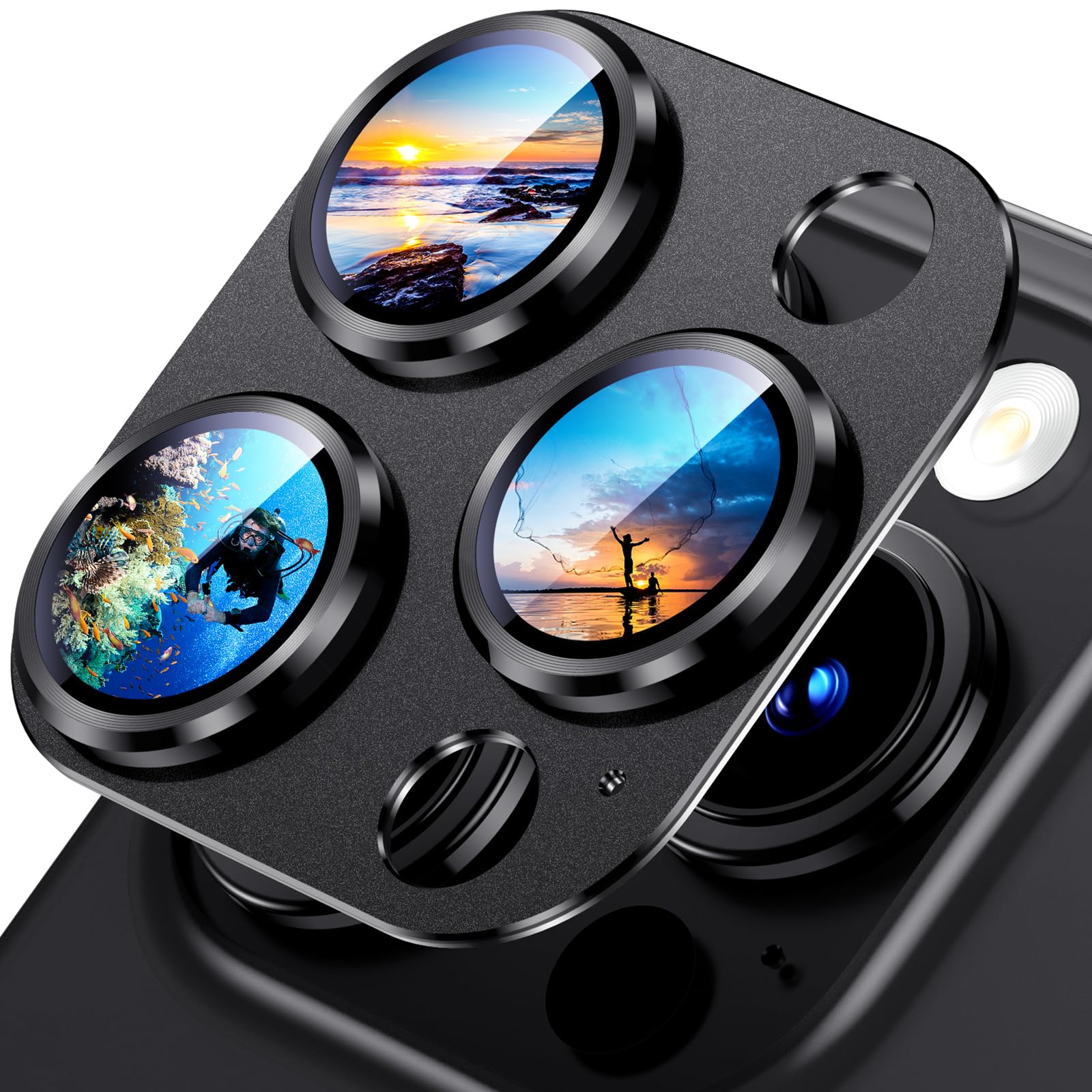 Uyiton iPhone 15 Pro & Pro Max Camera Lens Protector - Shatterproof Tempered Glass, Strong Adhesion, Case-Friendly Metal Cover (Black Titanium) for Outdoor Photography & Travel Protection